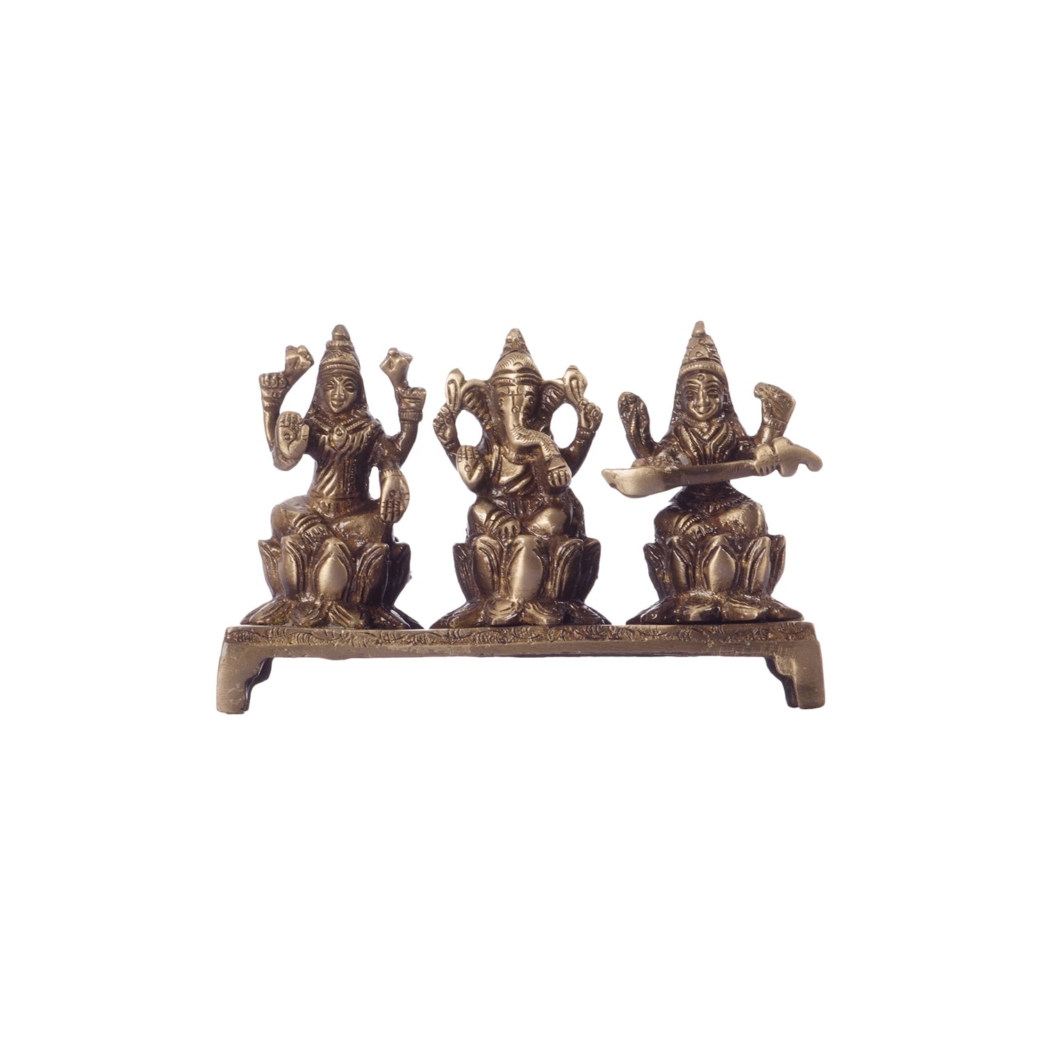 Brown Brass Antique Finish Laxmi Ganesha Saraswati On Lotus Base 1