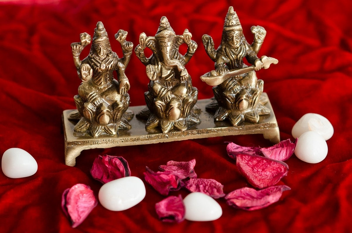 Brown Brass Antique Finish Laxmi Ganesha Saraswati On Lotus Base
