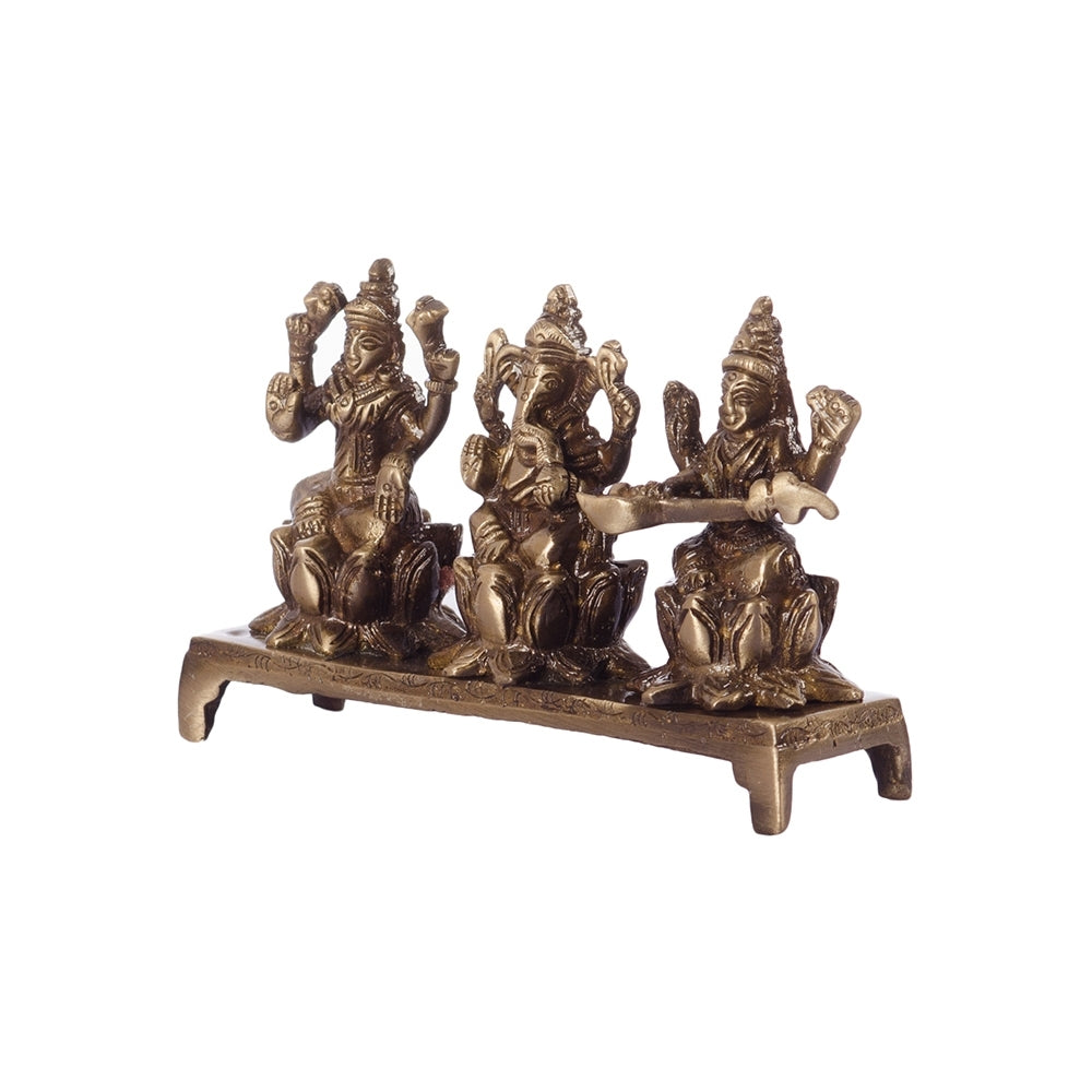 Brown Brass Antique Finish Laxmi Ganesha Saraswati On Lotus Base 2