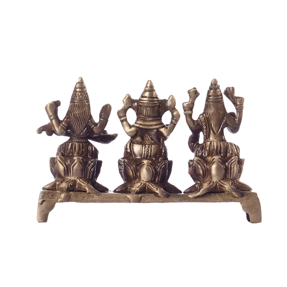 Brown Brass Antique Finish Laxmi Ganesha Saraswati On Lotus Base 3