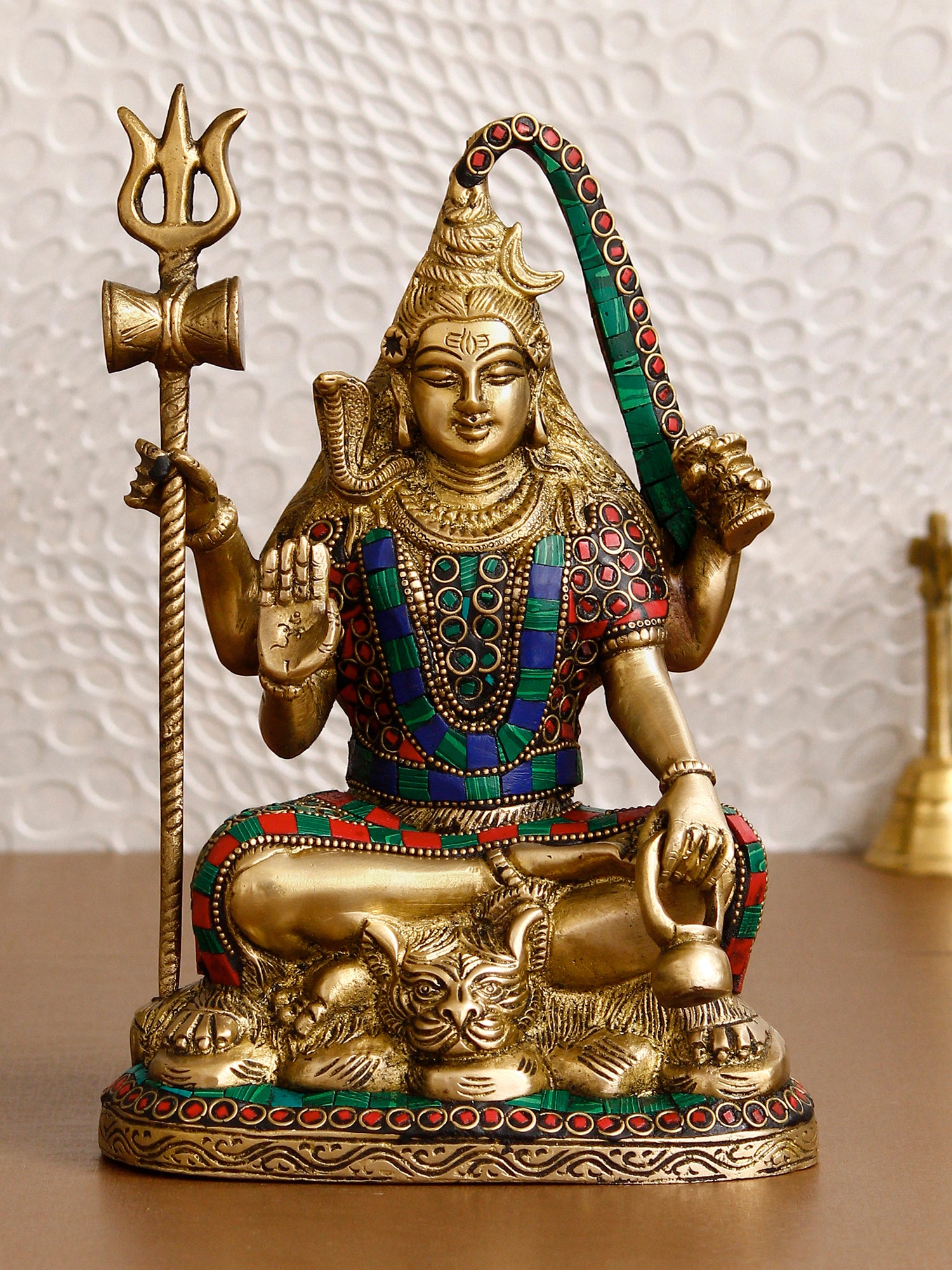 Golden Colorful Stone Work Brass Lord Shiva Idol