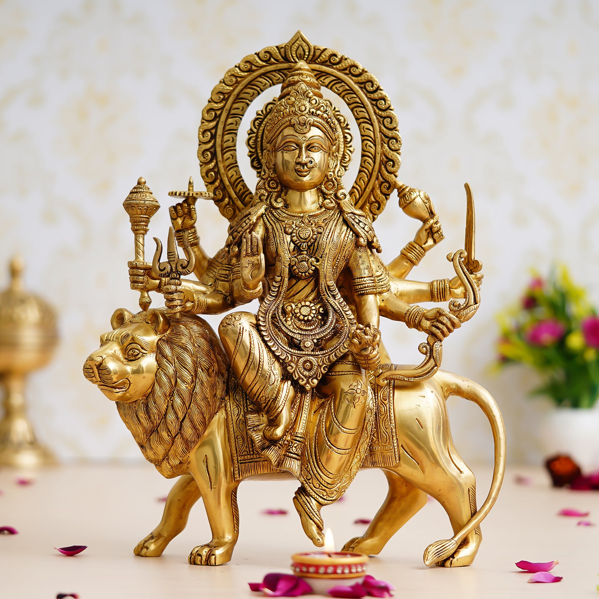 Golden Brass Goddess Durga on Lion Statue
