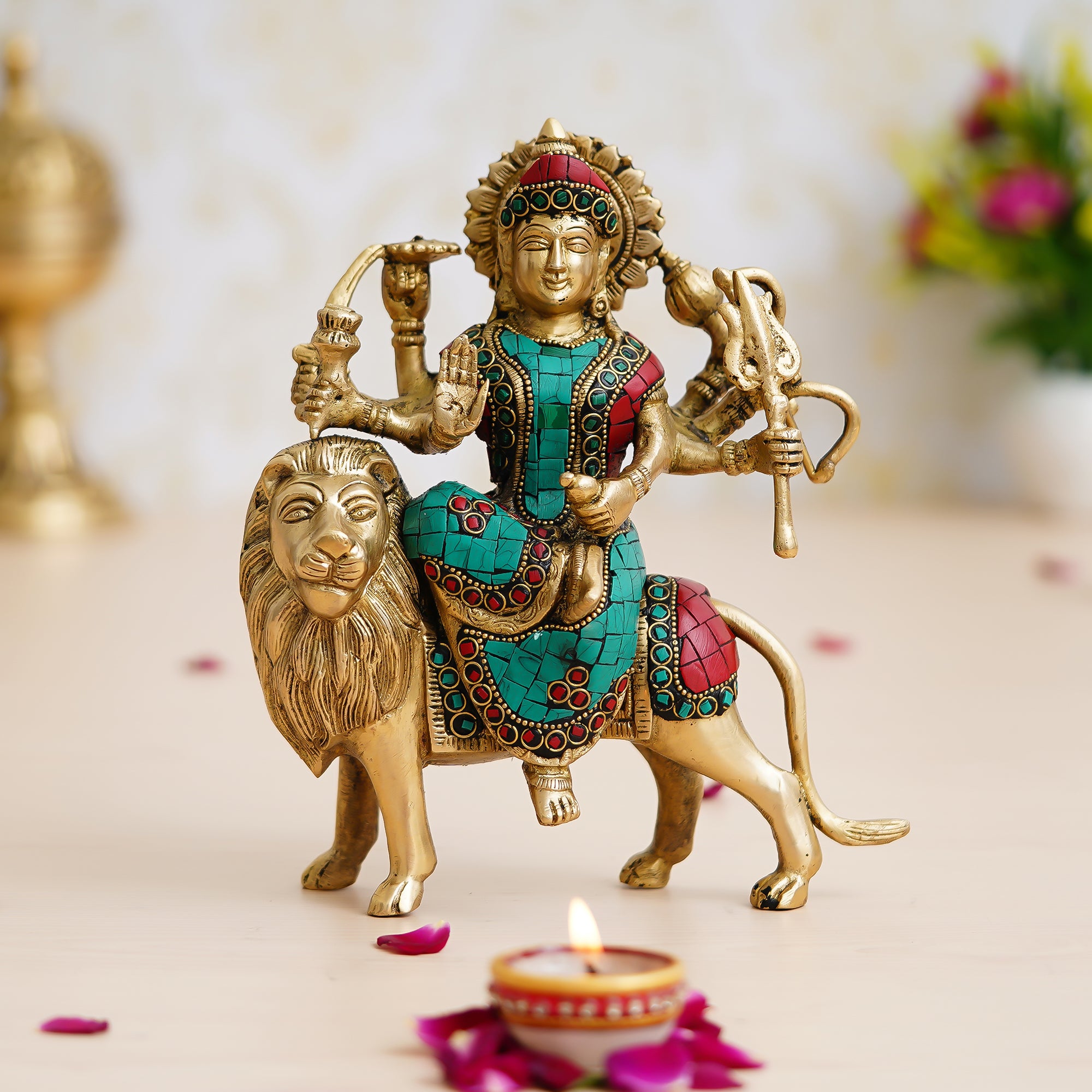 Colorful Stone Work Handcrafted Brass Goddess Durga Maa on Lion Statue