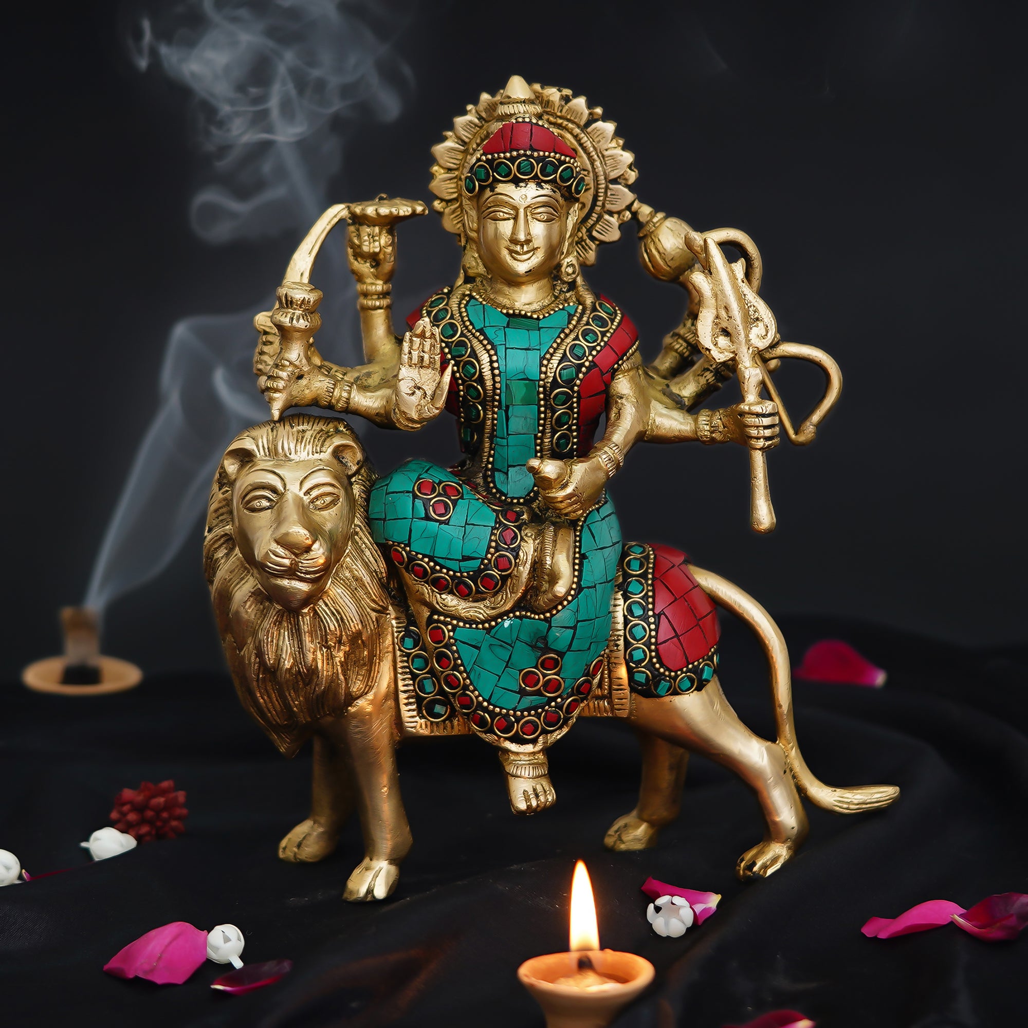 Colorful Stone Work Handcrafted Brass Goddess Durga Maa on Lion Statue 1