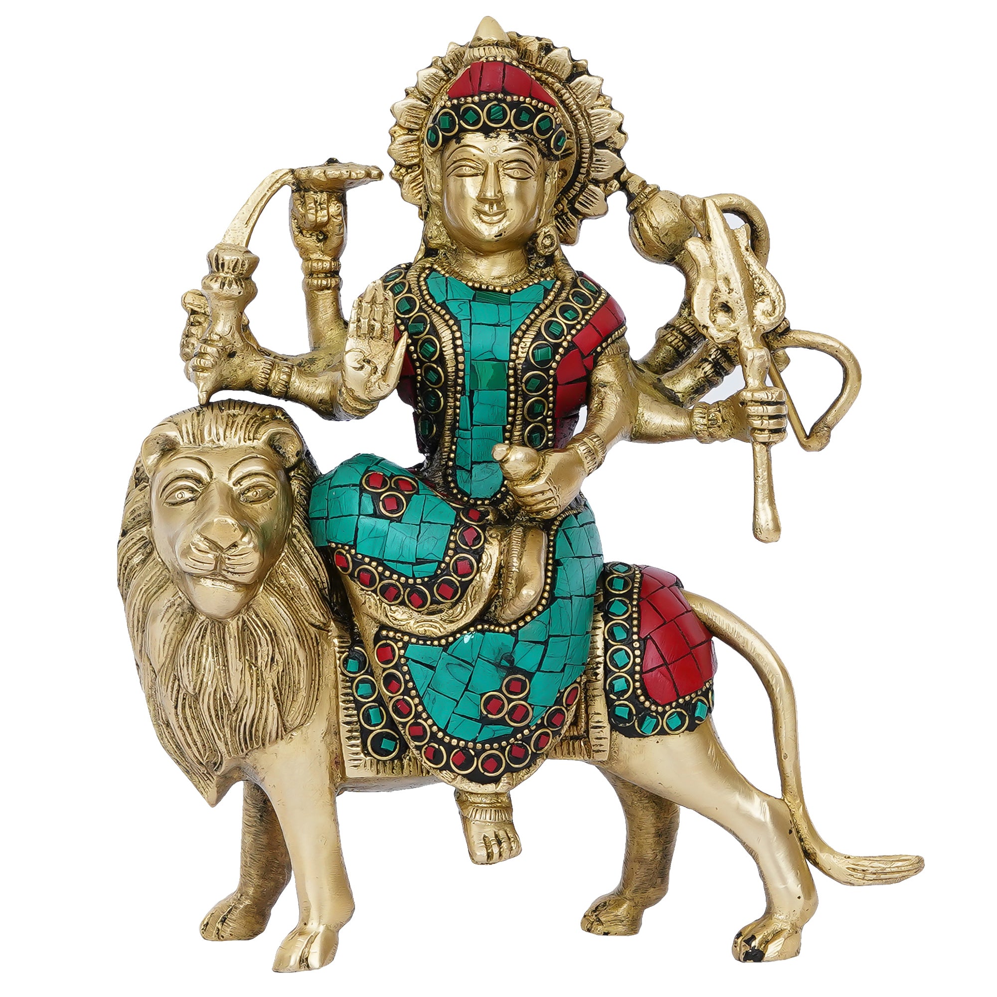Colorful Stone Work Handcrafted Brass Goddess Durga Maa on Lion Statue 2