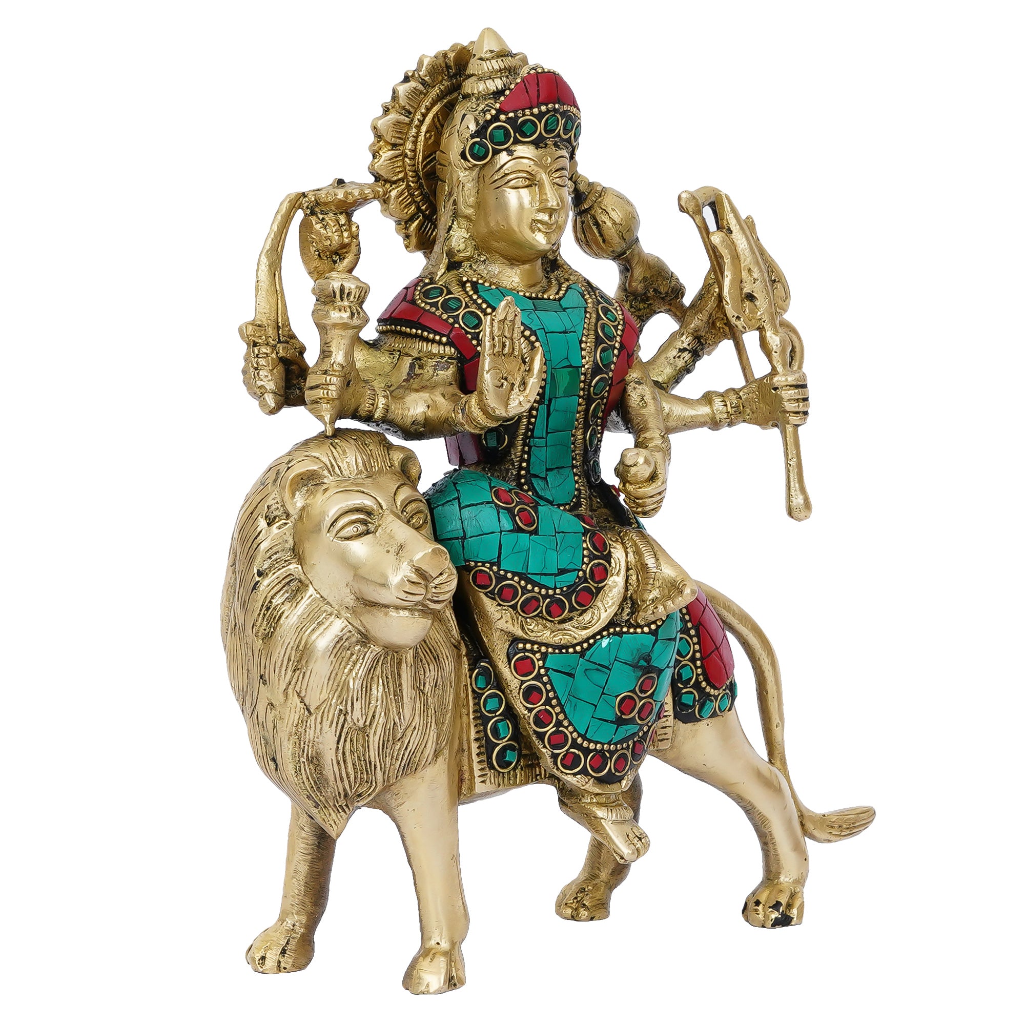 Colorful Stone Work Handcrafted Brass Goddess Durga Maa on Lion Statue 4