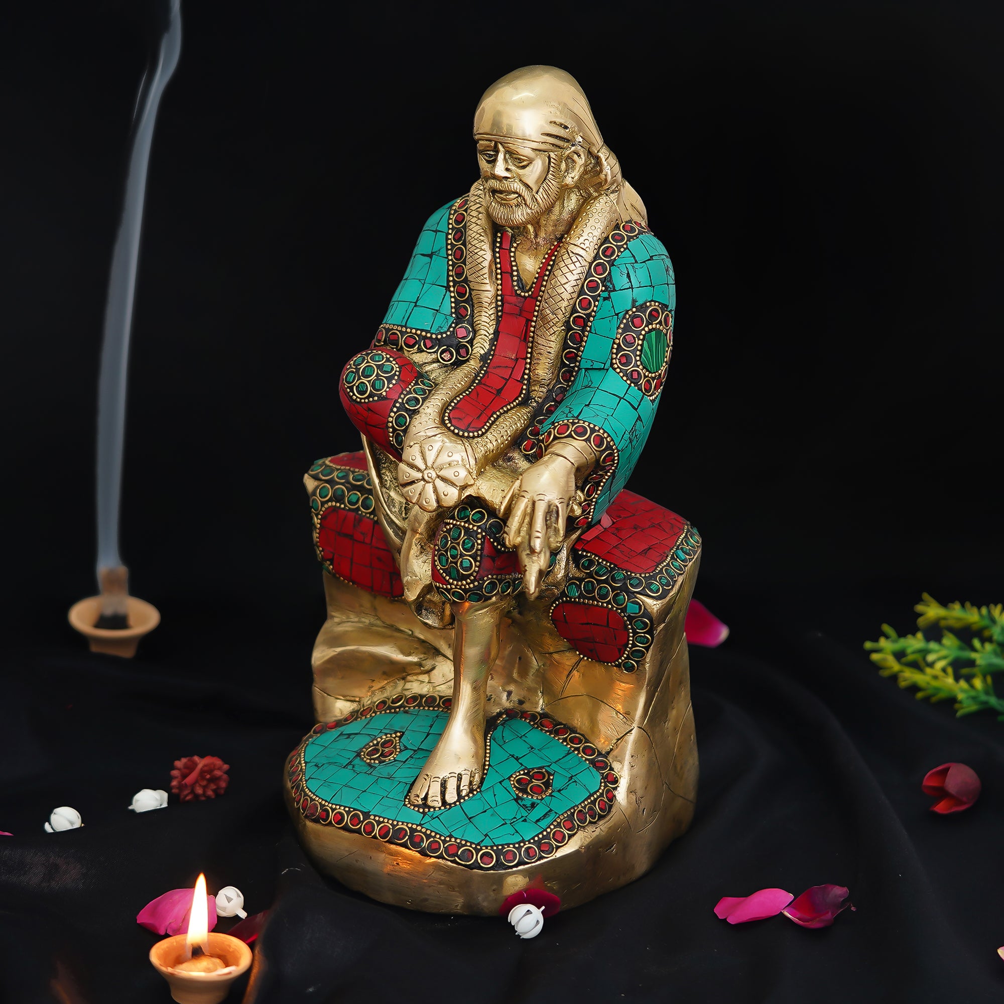 Colorful Stone Work Brass Handcrafted Sai Baba Idol