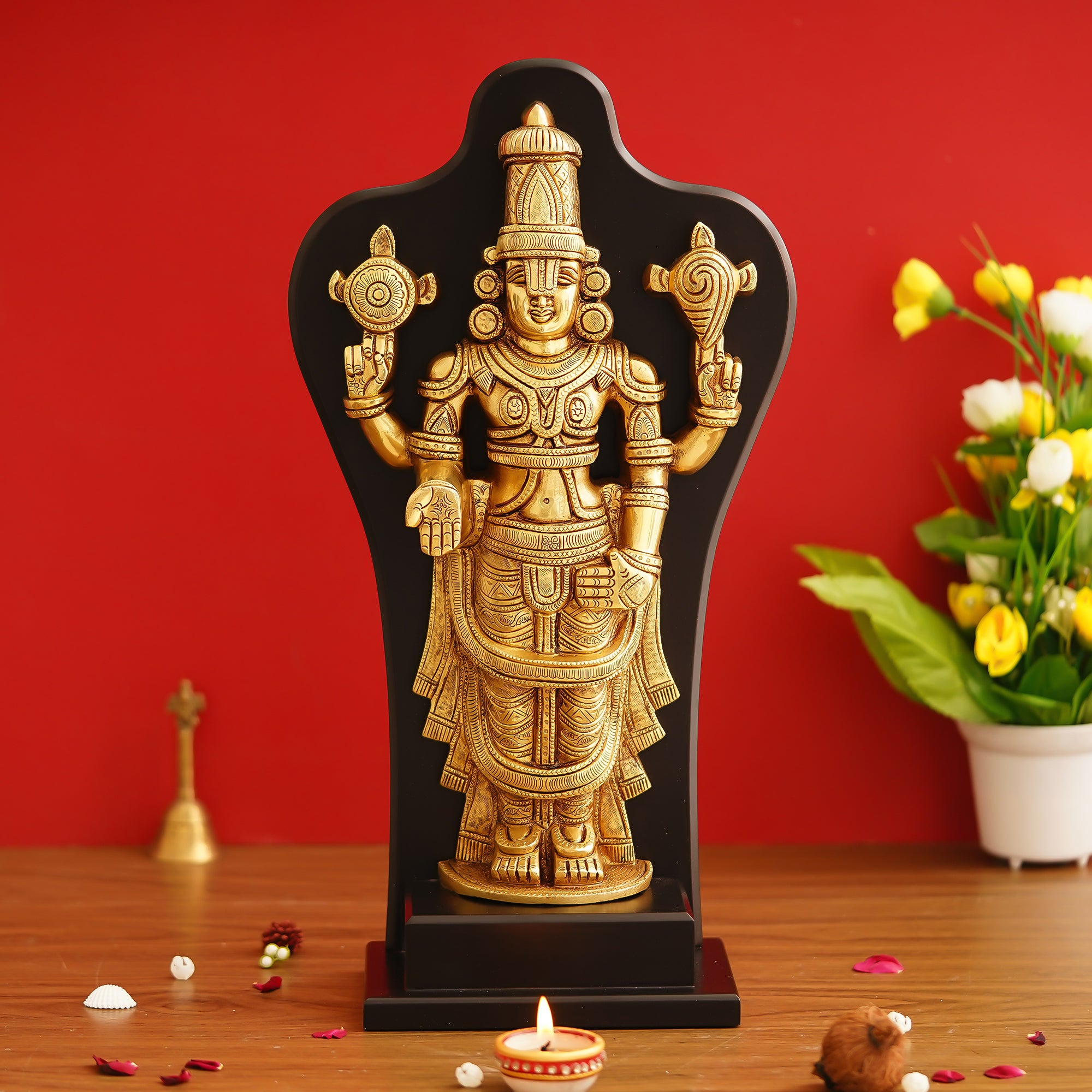 Golden Brass Handcrafted Lord Balaji Statue on Wooden Base