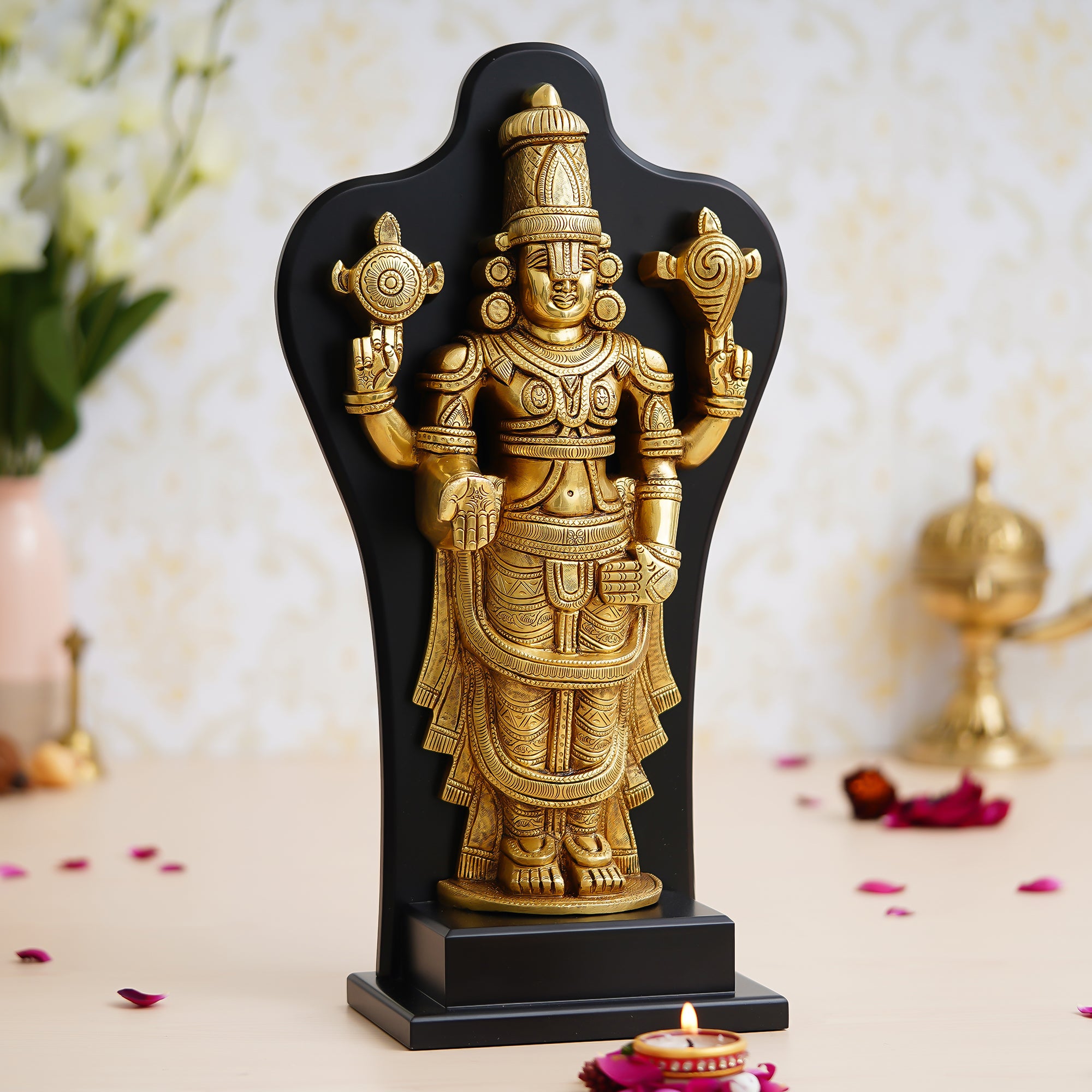 Golden Brass Handcrafted Lord Balaji Statue on Wooden Base 1