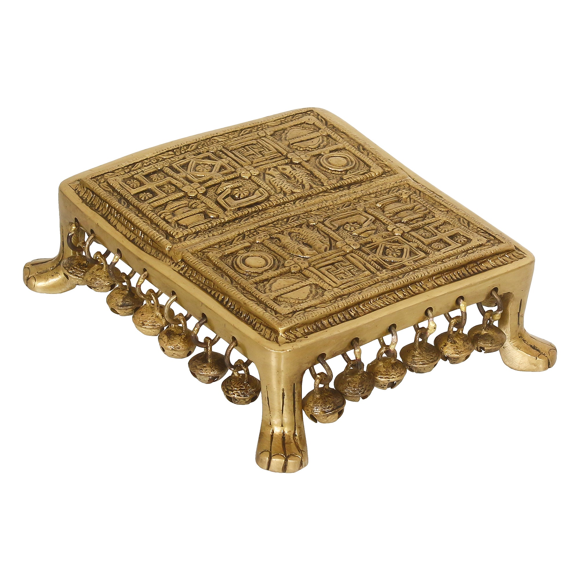Golden Brass Traditional Pooja Chowki With Bells 2