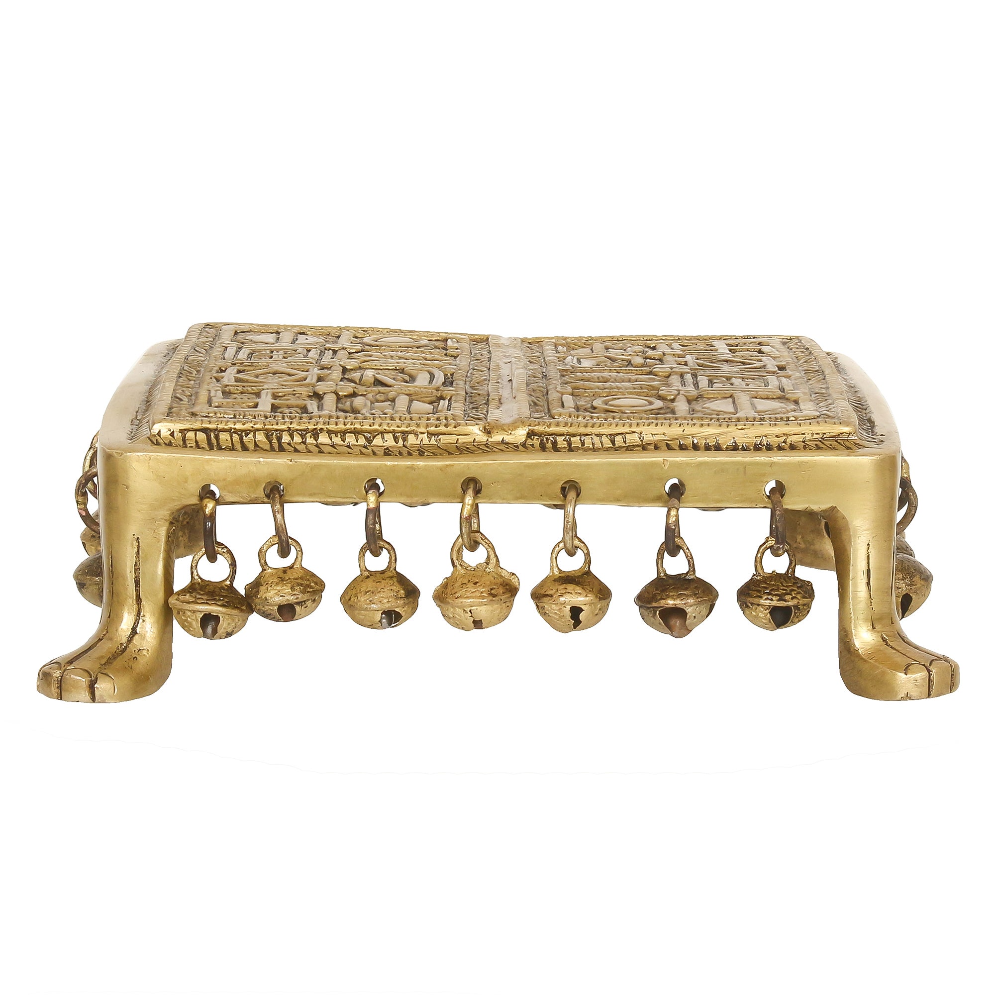 Golden Brass Traditional Pooja Chowki With Bells 6