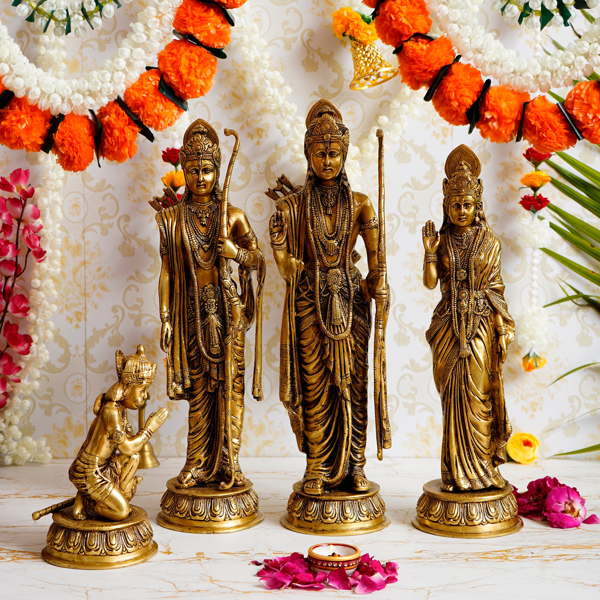Golden Brass Handcrafted Ram Darbar - Lord Ram, Sita and Laxman Along With Lord Hanuman Idols