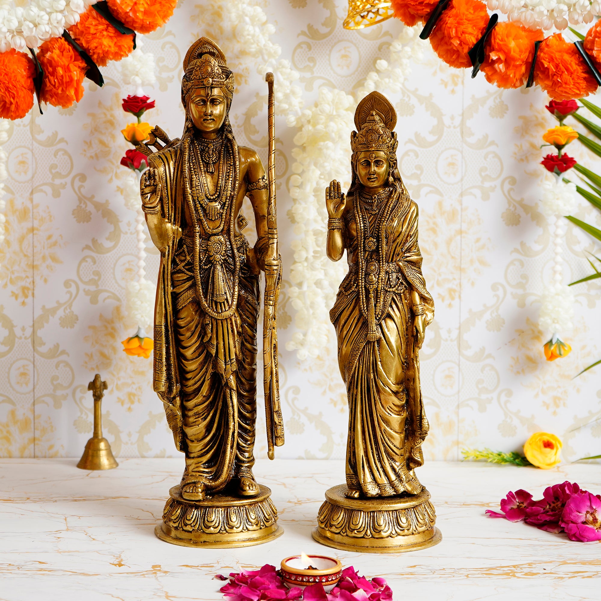 Golden Brass Handcrafted Lord Ram and Goddess Sita Idols