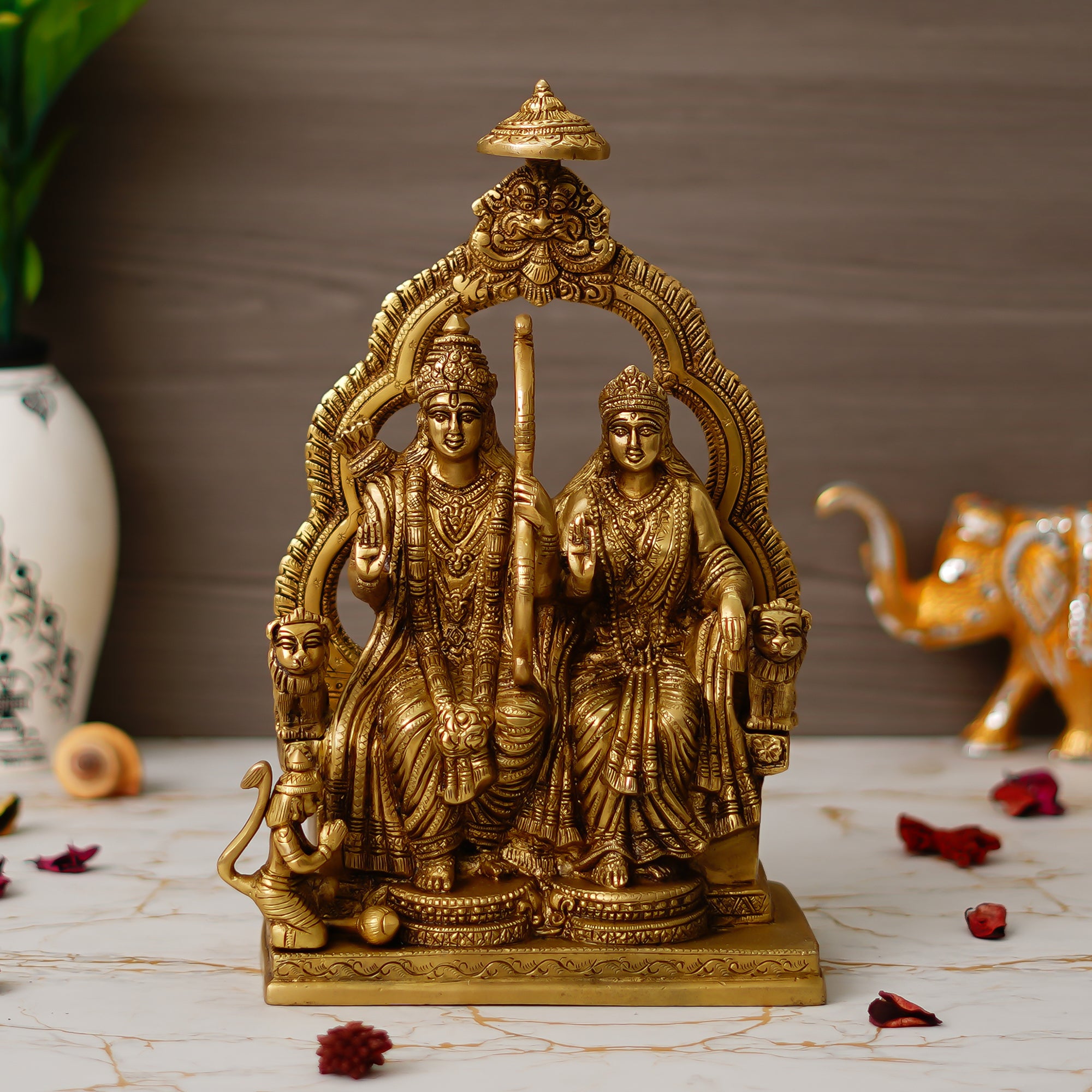 Golden Lord Ram, Sita & Hanuman Handcrafted Brass Figurine 1