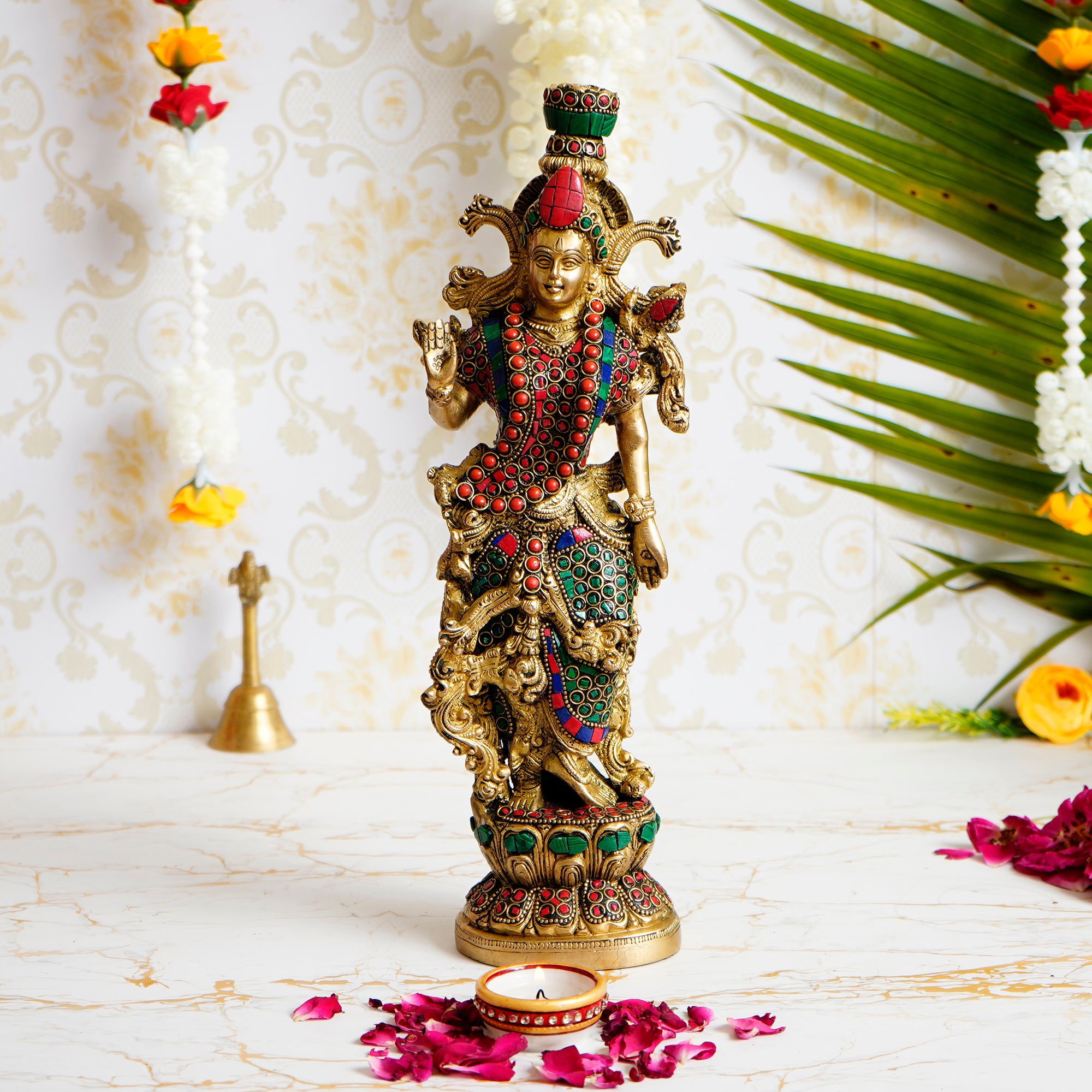 Gold Brass Stone Work Handcrafted Goddess Radha Murti