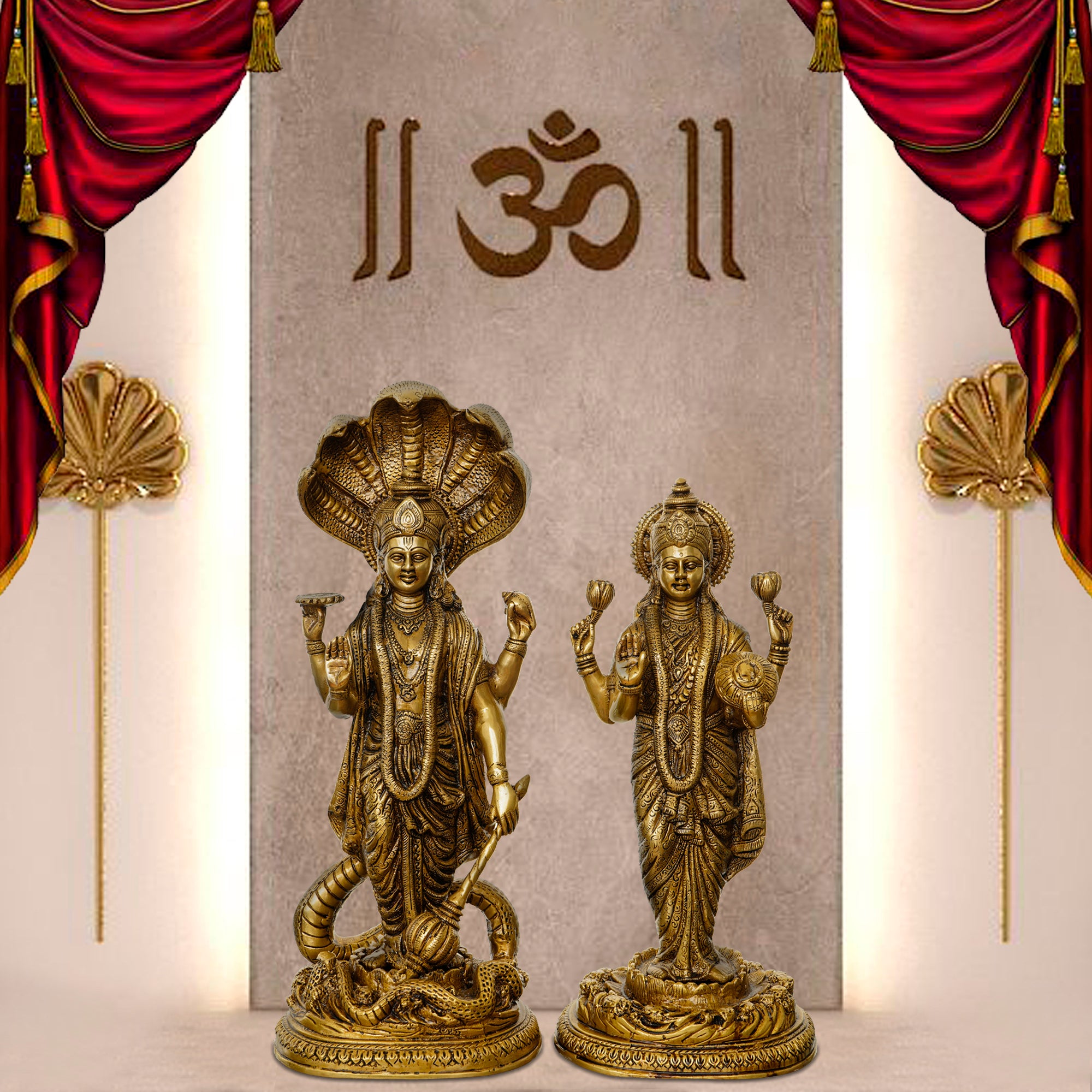 Golden Brass Handcrafted Standing Lord Vishnu and Goddess Laxmi Idols 1