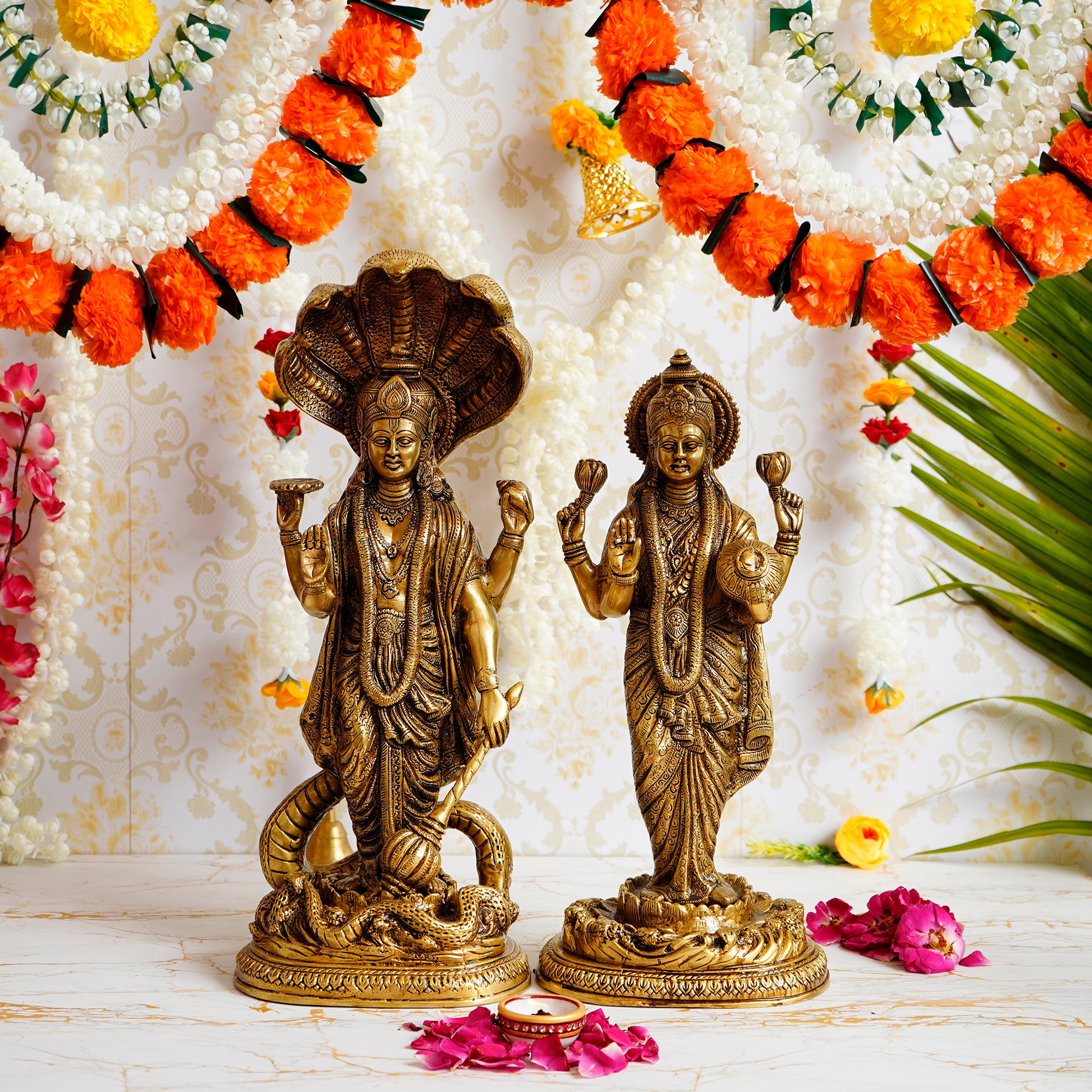 Golden Brass Handcrafted Standing Lord Vishnu and Goddess Laxmi Idols