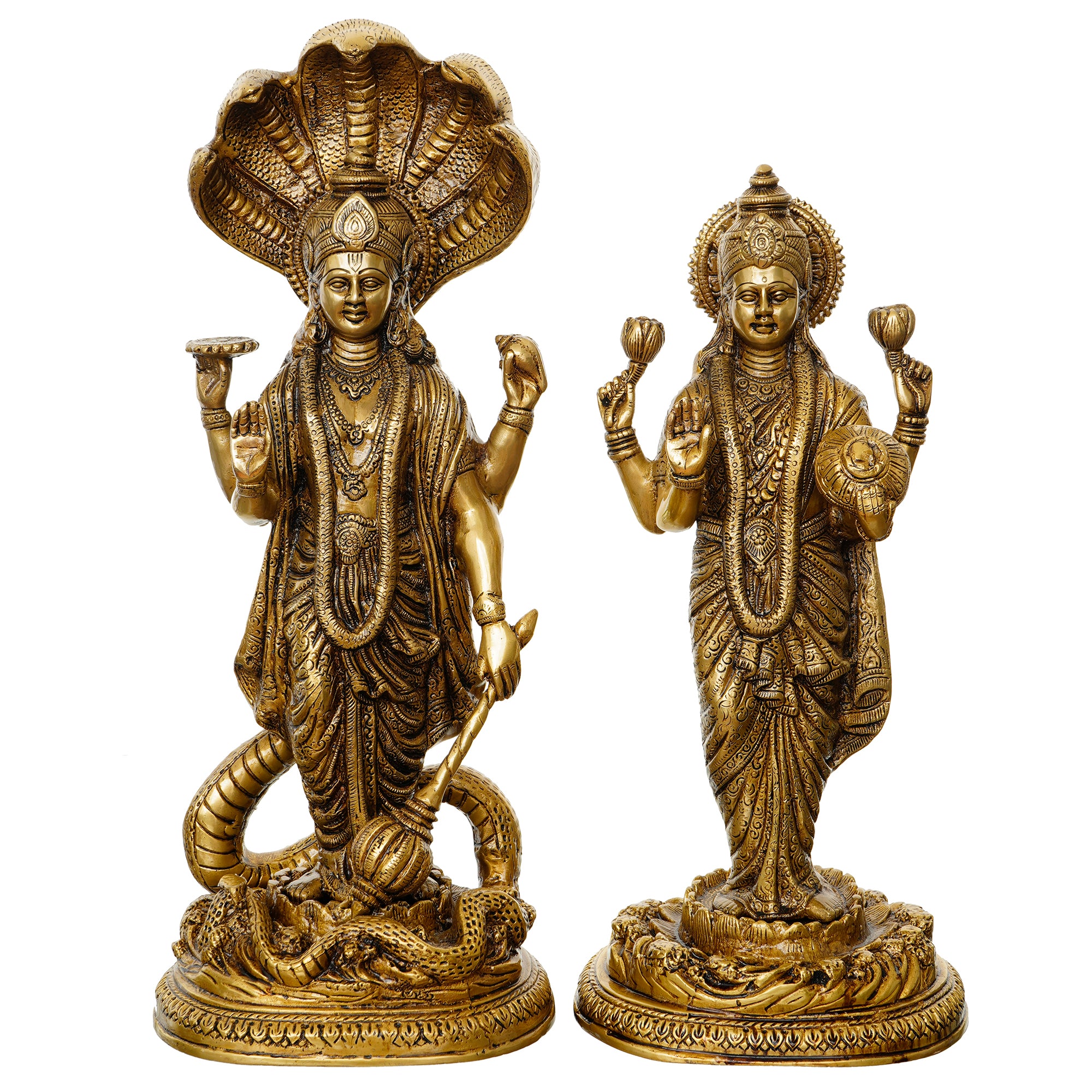 Golden Brass Handcrafted Standing Lord Vishnu and Goddess Laxmi Idols 2