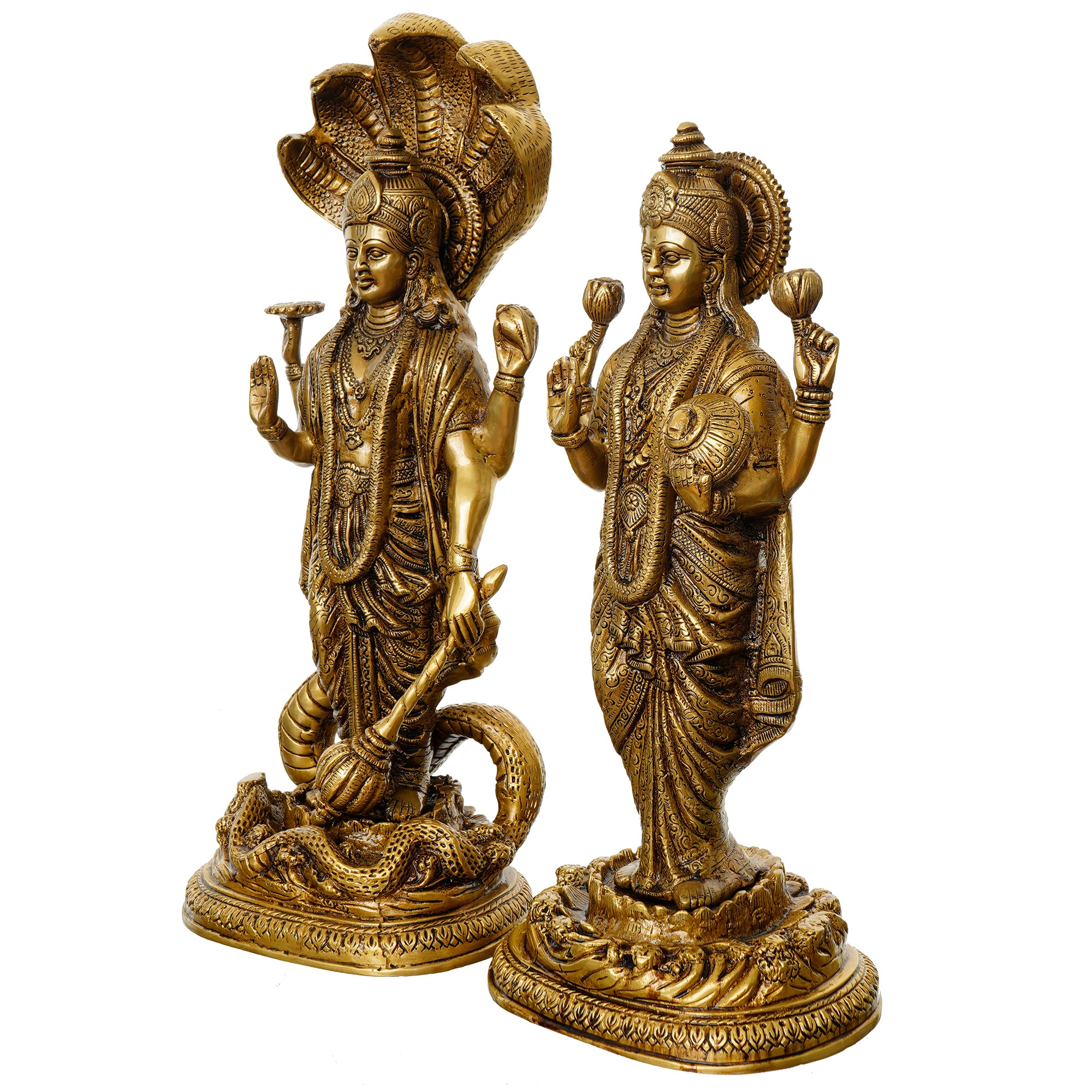 Golden Brass Handcrafted Standing Lord Vishnu and Goddess Laxmi Idols 4