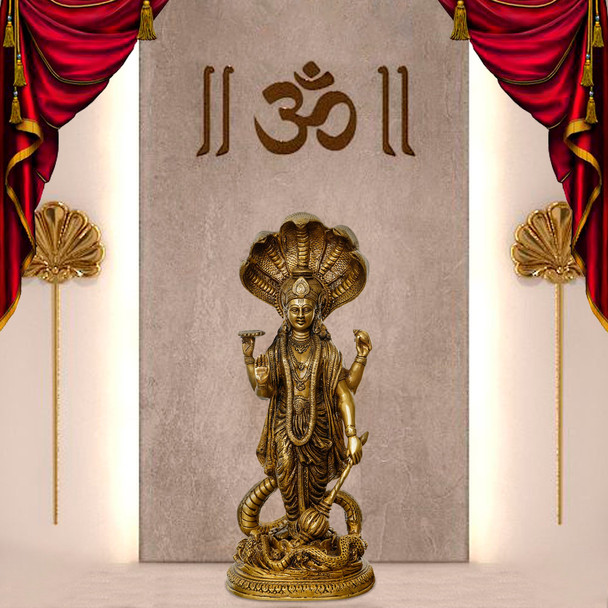 Golden Brass Standing Lord Vishnu Idol with Holding Conch Shell, Chakra, and Mace 1