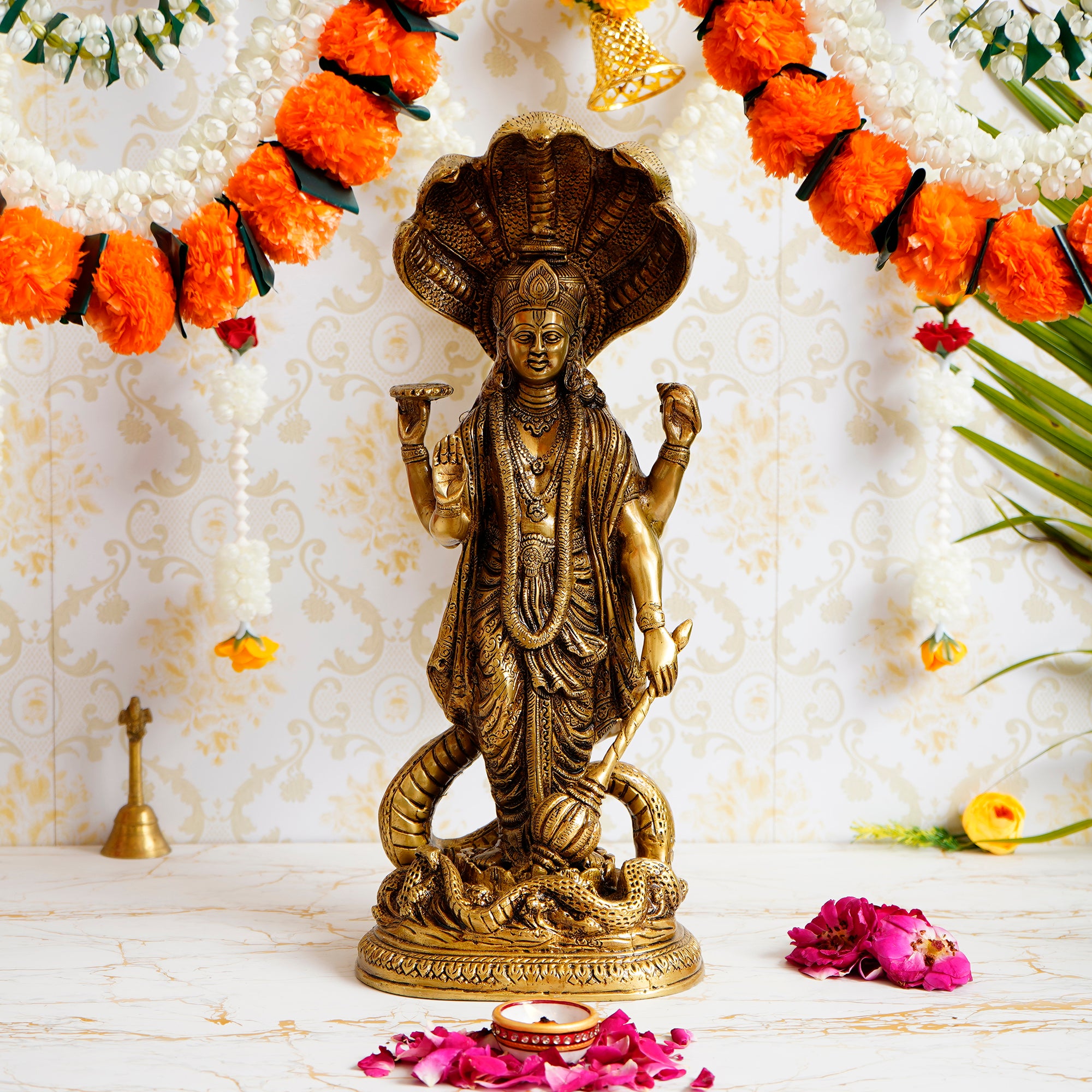 Golden Brass Standing Lord Vishnu Idol with Holding Conch Shell, Chakra, and Mace