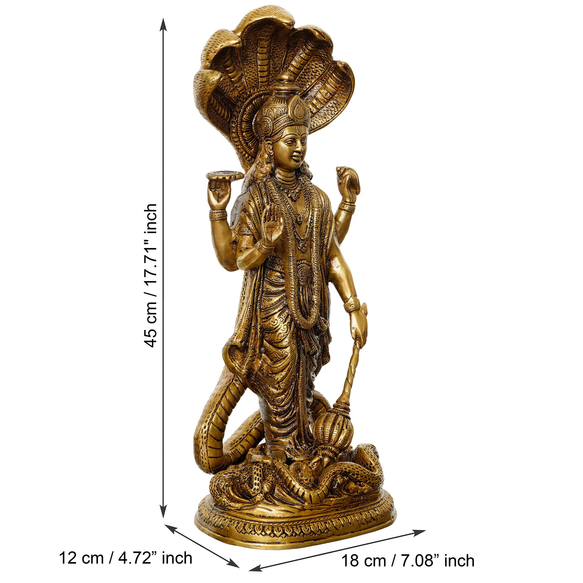 Golden Brass Standing Lord Vishnu Idol with Holding Conch Shell, Chakra, and Mace 3