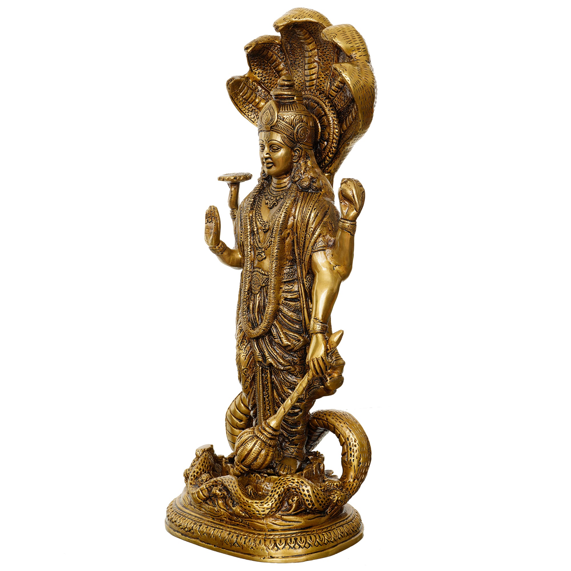 Golden Brass Standing Lord Vishnu Idol with Holding Conch Shell, Chakra, and Mace 4