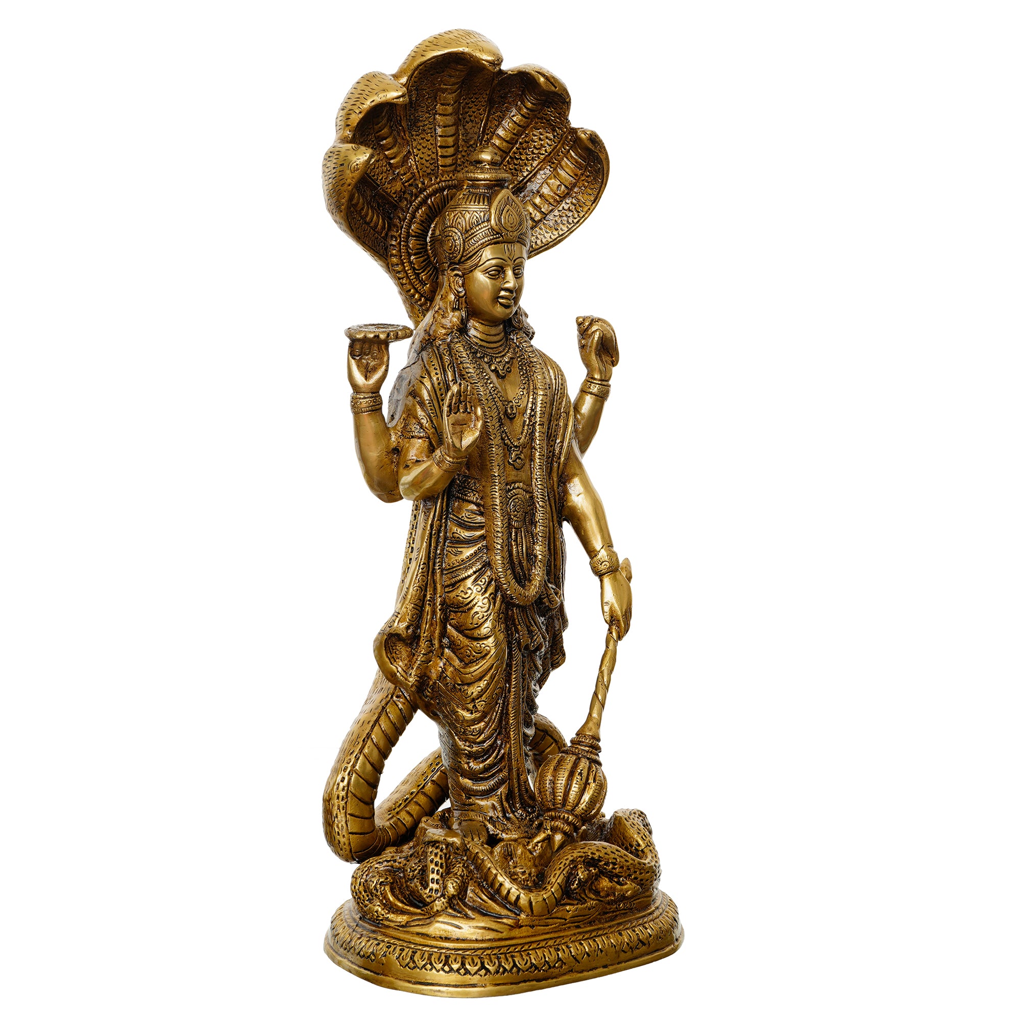Golden Brass Standing Lord Vishnu Idol with Holding Conch Shell, Chakra, and Mace 5