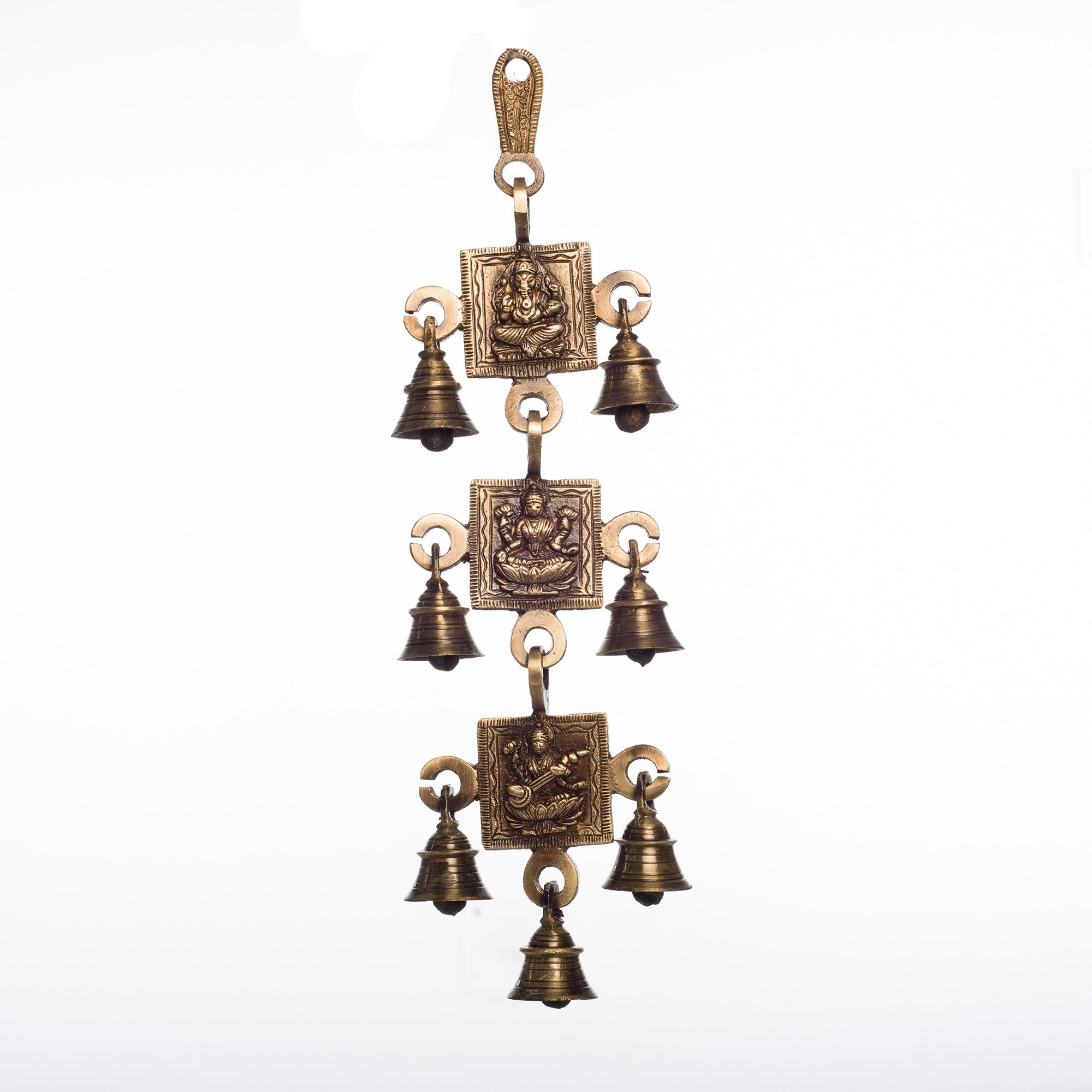 Brown Brass Ganesha Laxmi Saraswati Wall Hanging Bells 1