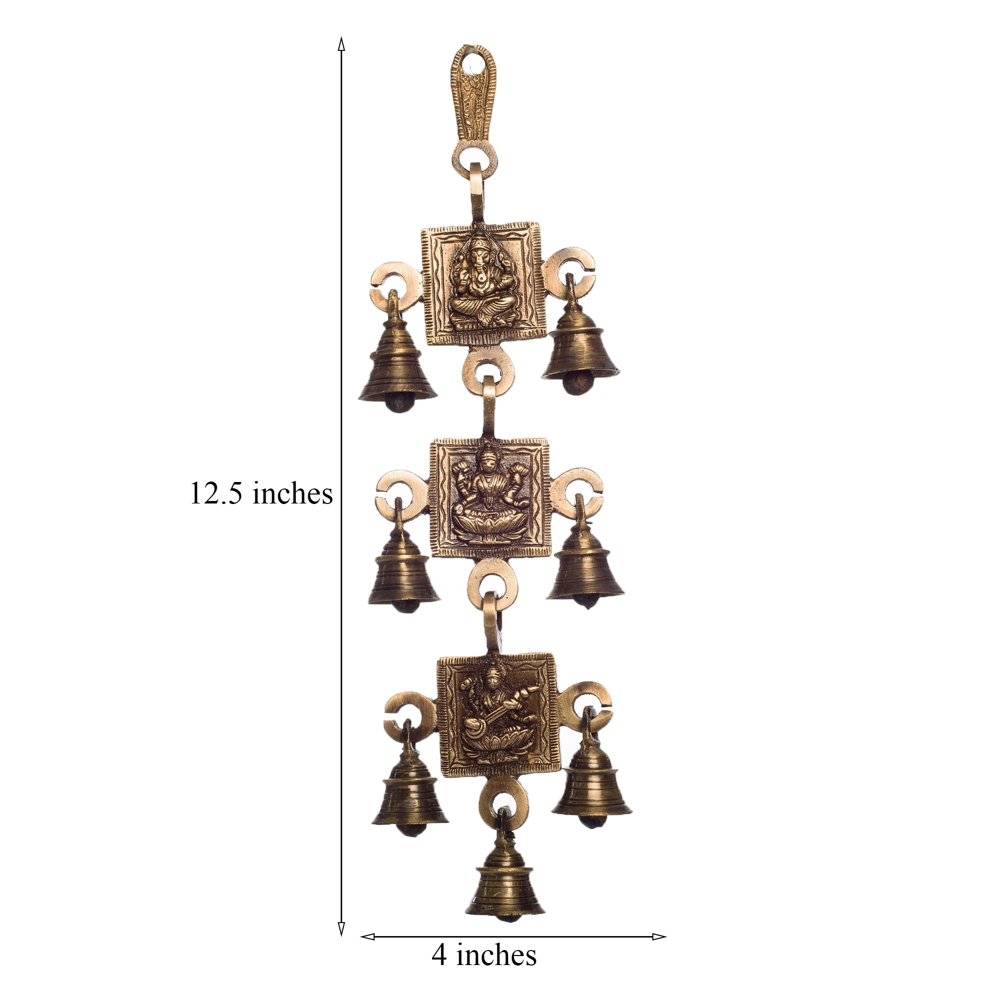 Brown Brass Ganesha Laxmi Saraswati Wall Hanging Bells 2