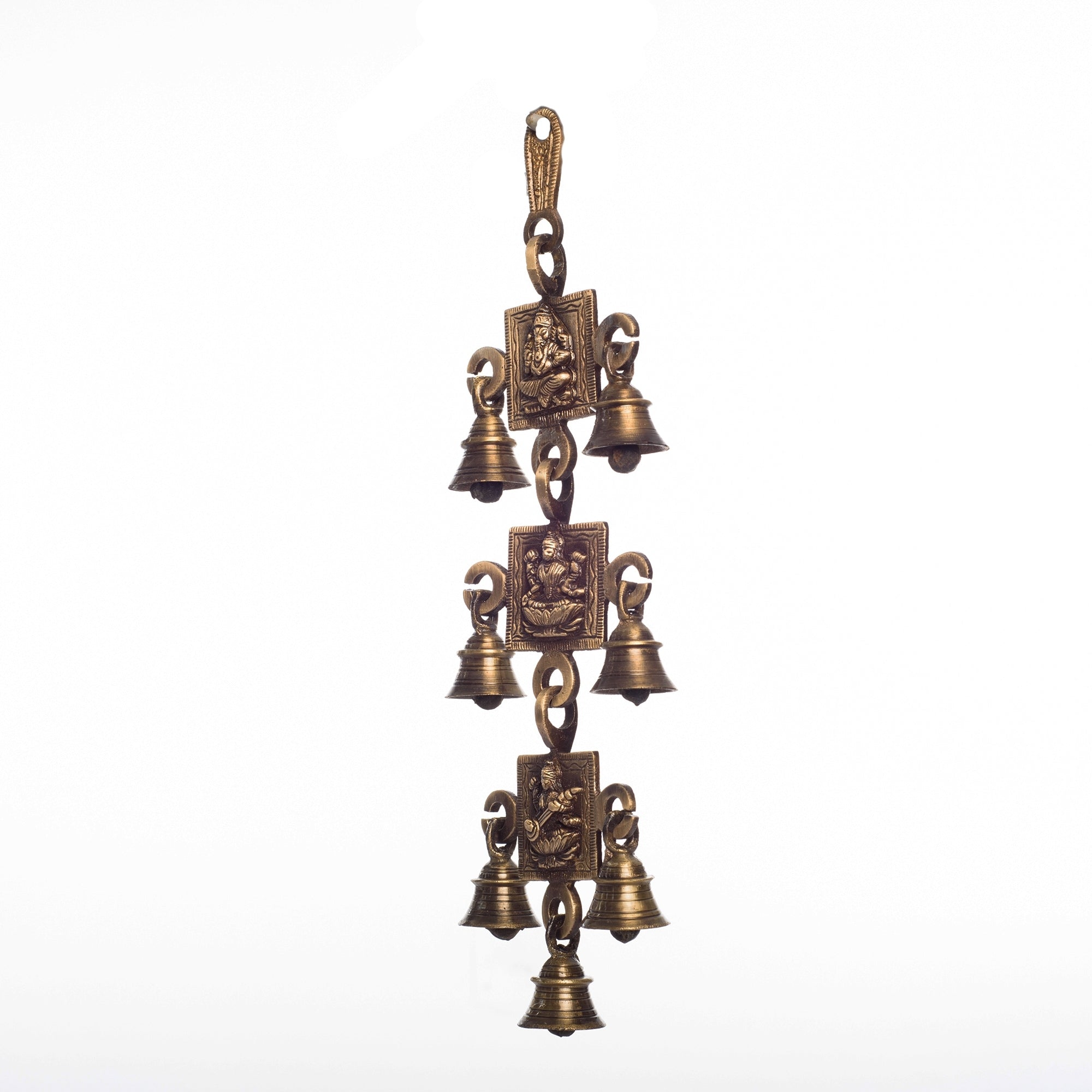 Brown Brass Ganesha Laxmi Saraswati Wall Hanging Bells 3
