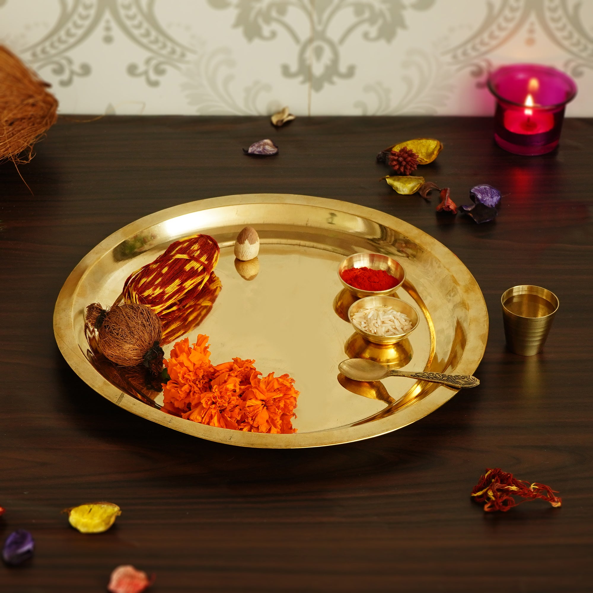 Golden Brass Pooja Thali with 2 Katori/Bowls, 1 Spoon and 1 Glass 1