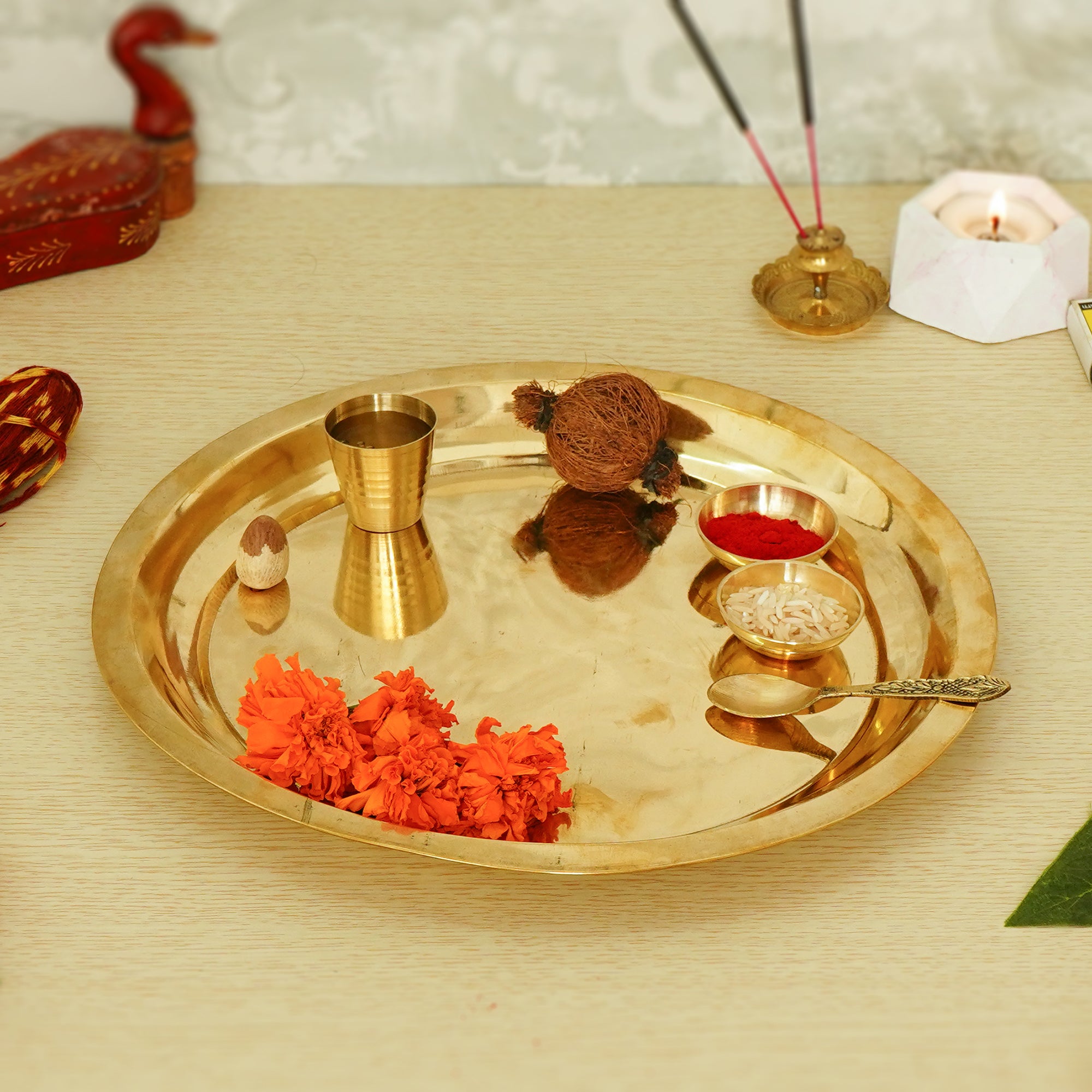 Golden Brass Pooja Thali with 2 Katori/Bowls, 1 Spoon and 1 Glass