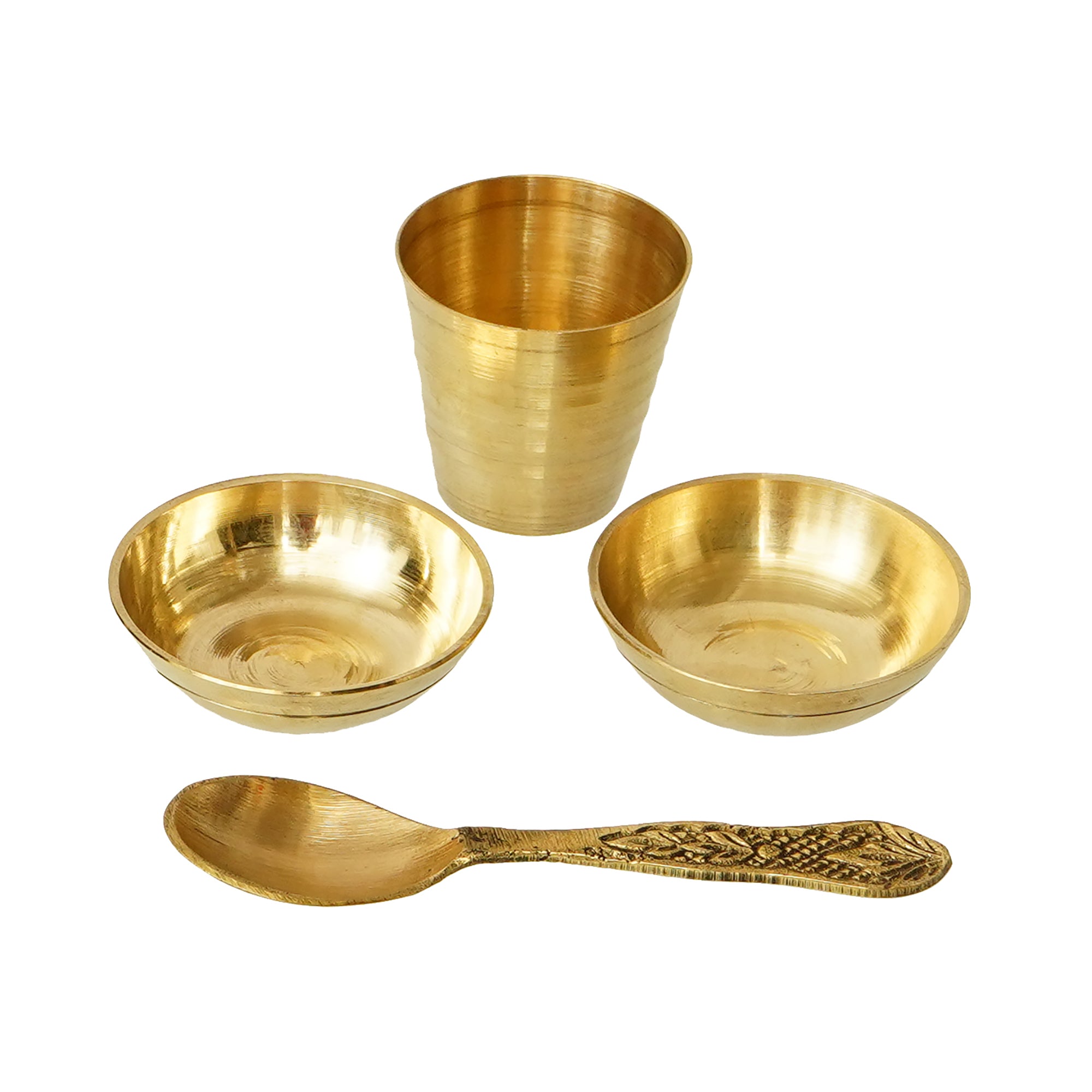 Golden Brass Pooja Thali with 2 Katori/Bowls, 1 Spoon and 1 Glass 5