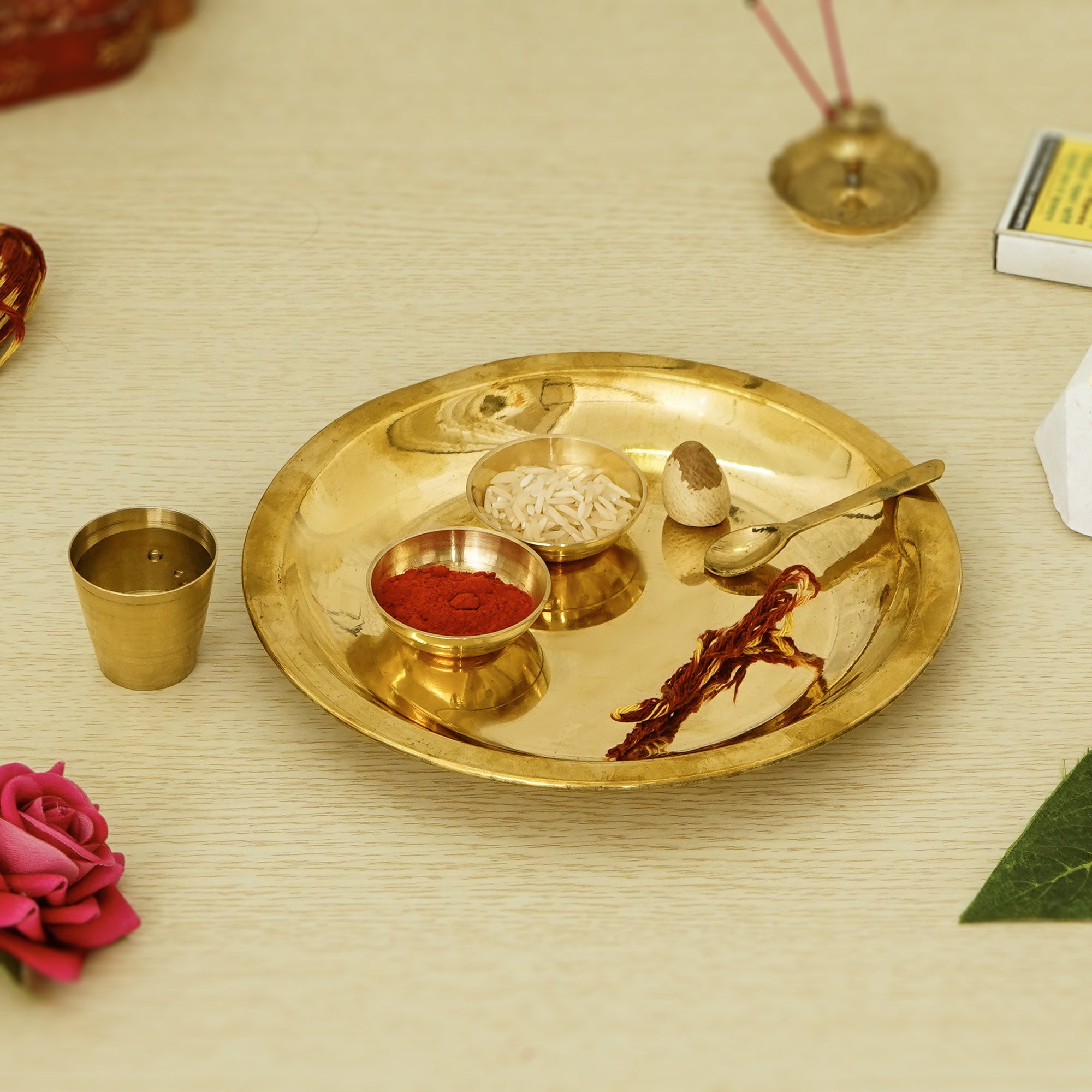 7 Inch Brass Pooja Thali with 2 Katori/Bowls, 1 Spoon and 1 Glass 1