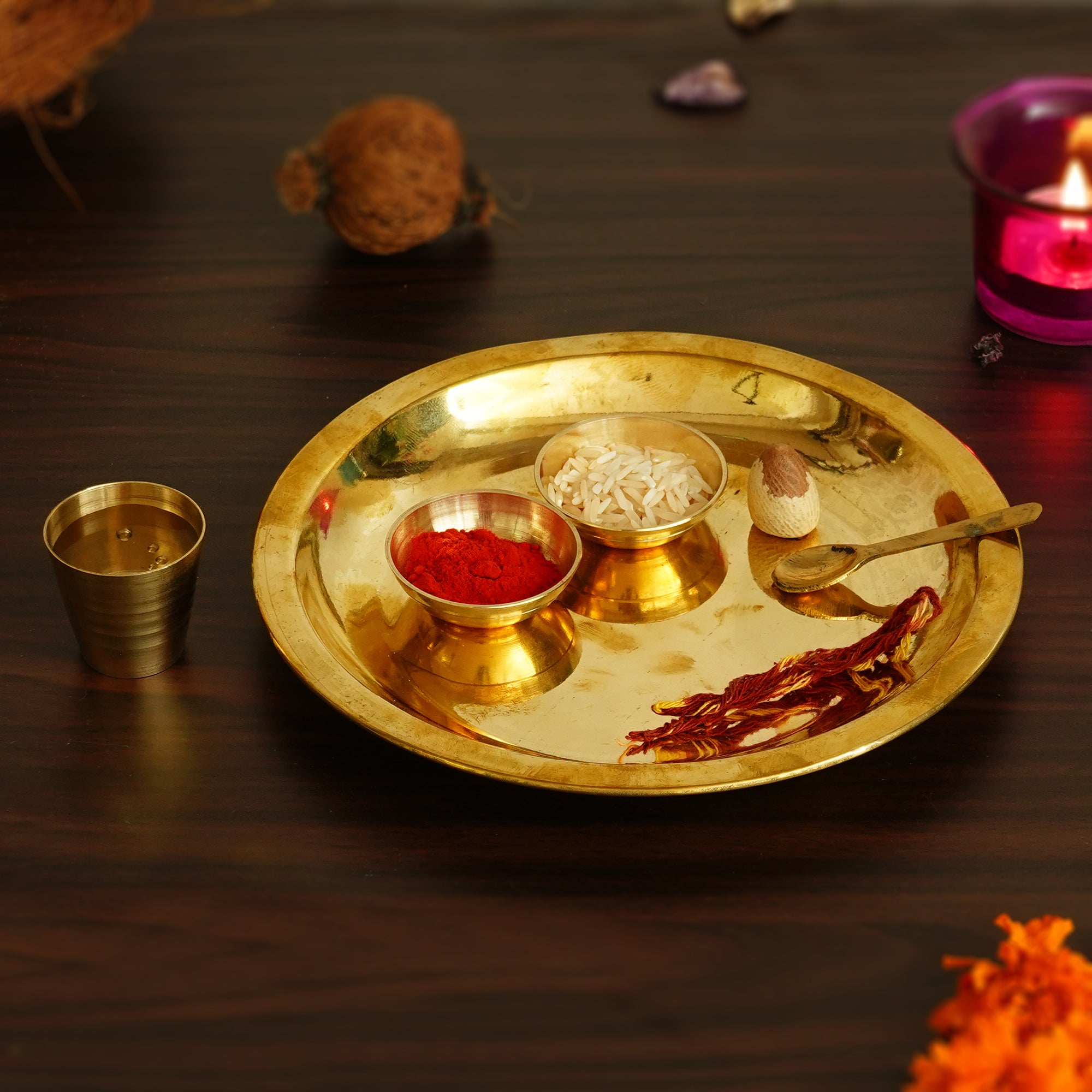 7 Inch Brass Pooja Thali with 2 Katori/Bowls, 1 Spoon and 1 Glass