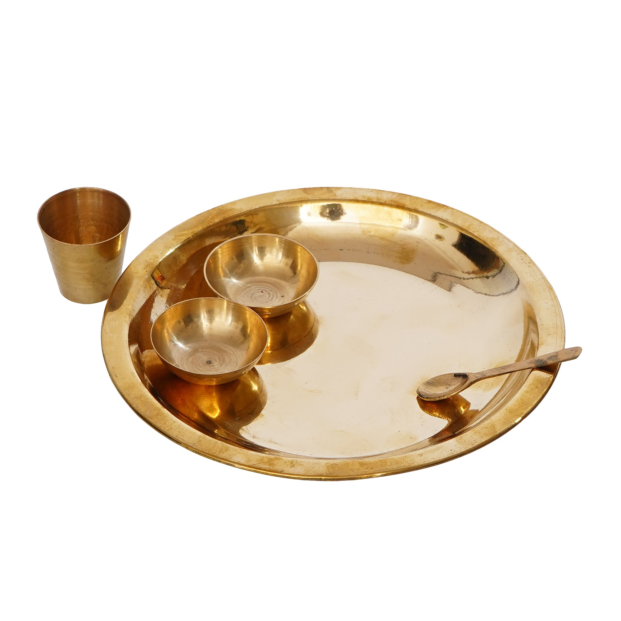 7 Inch Brass Pooja Thali with 2 Katori/Bowls, 1 Spoon and 1 Glass 2