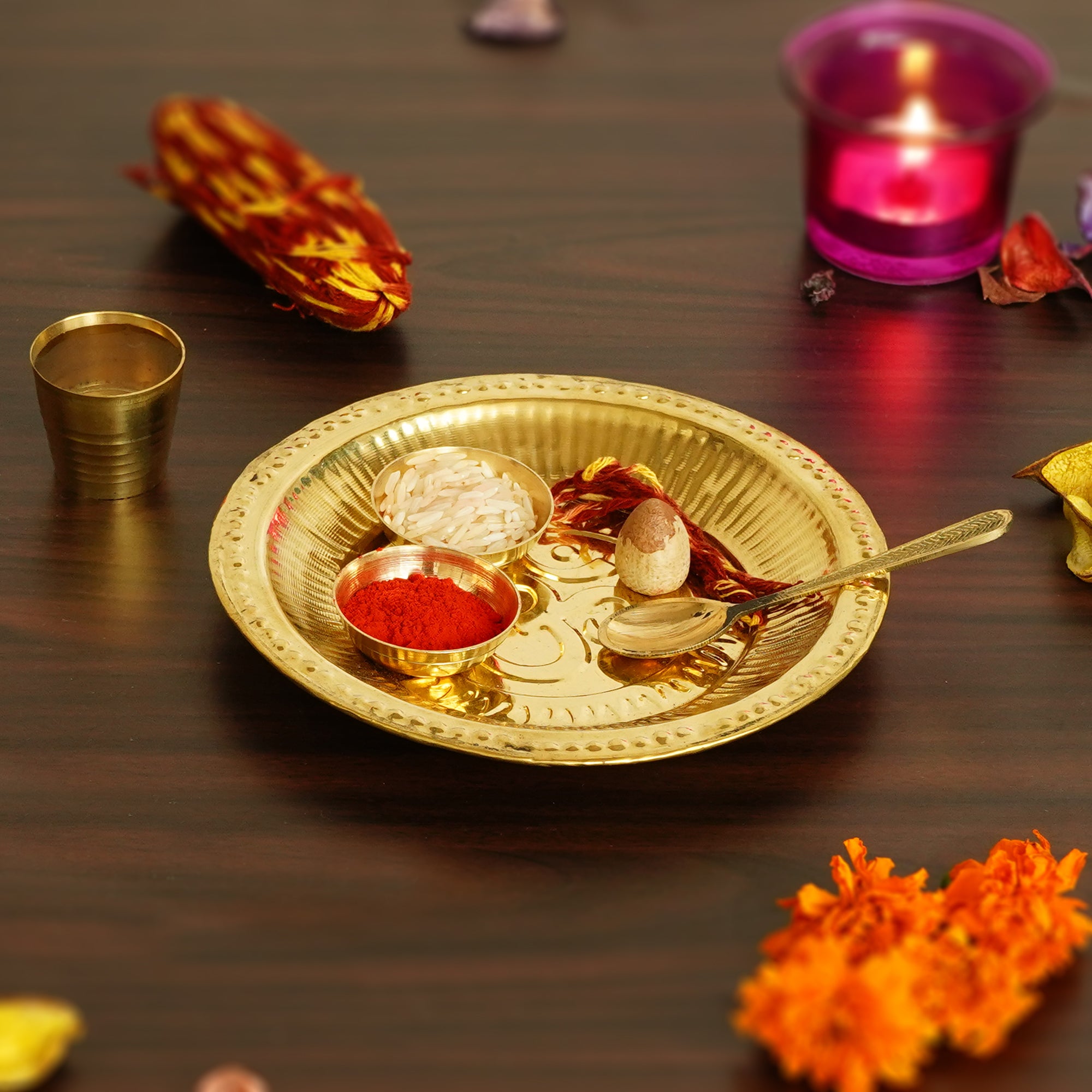 6 Inch Brass Pooja Thali with 2 Katori/Bowls, 1 Spoon and 1 Glass 1