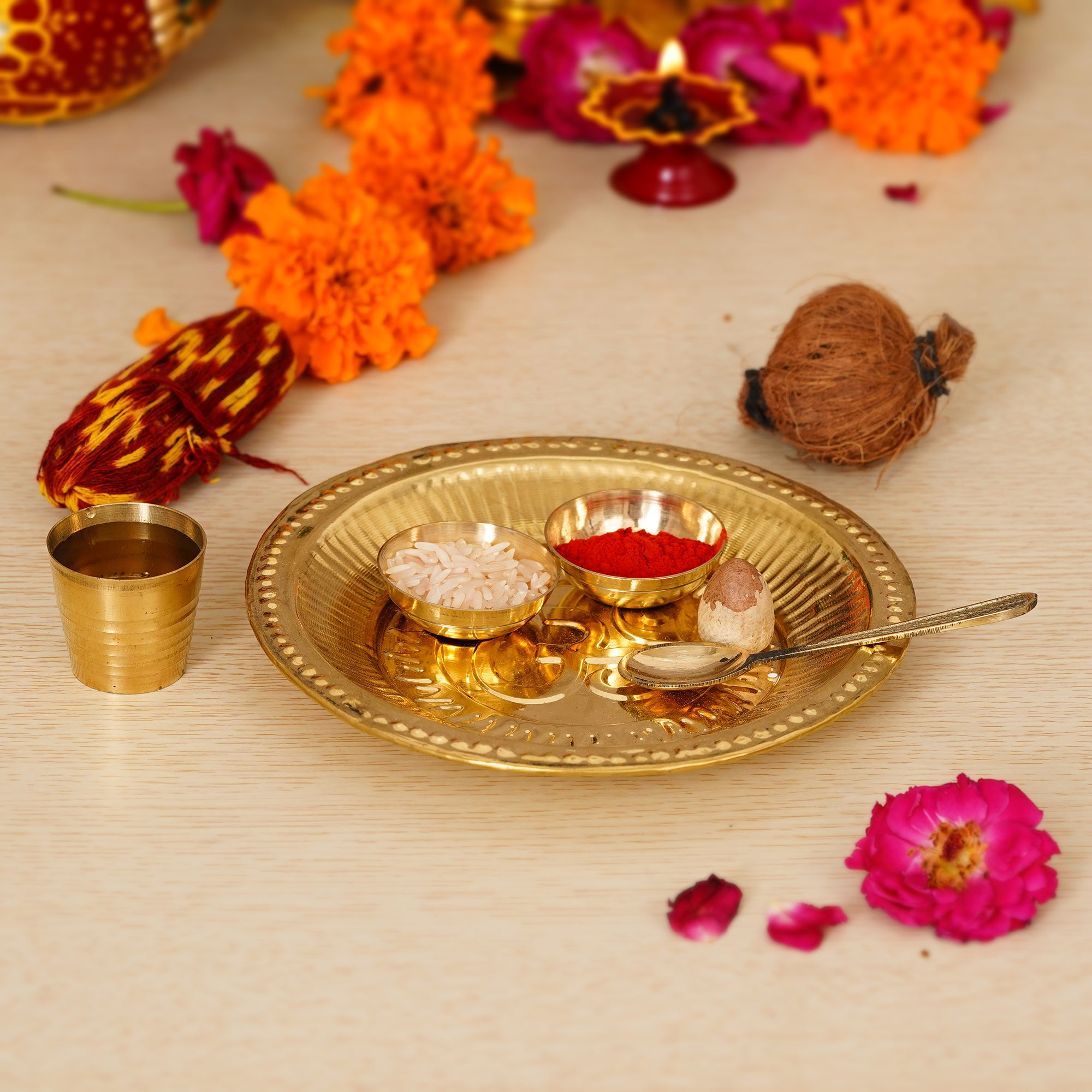 6 Inch Brass Pooja Thali with 2 Katori/Bowls, 1 Spoon and 1 Glass
