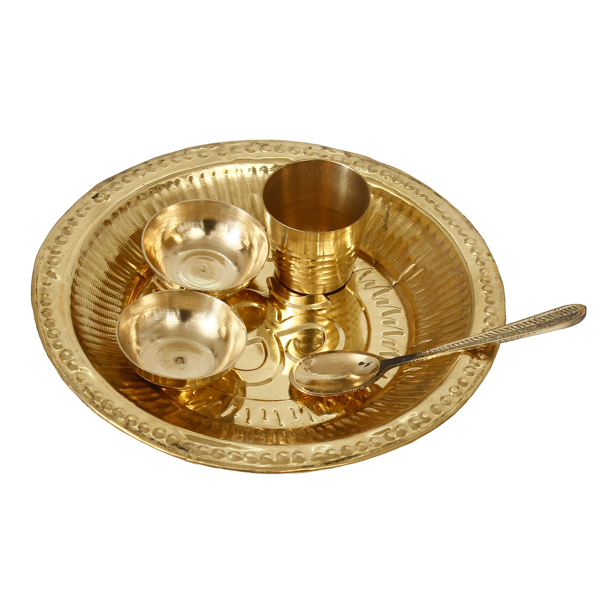 6 Inch Brass Pooja Thali with 2 Katori/Bowls, 1 Spoon and 1 Glass 2