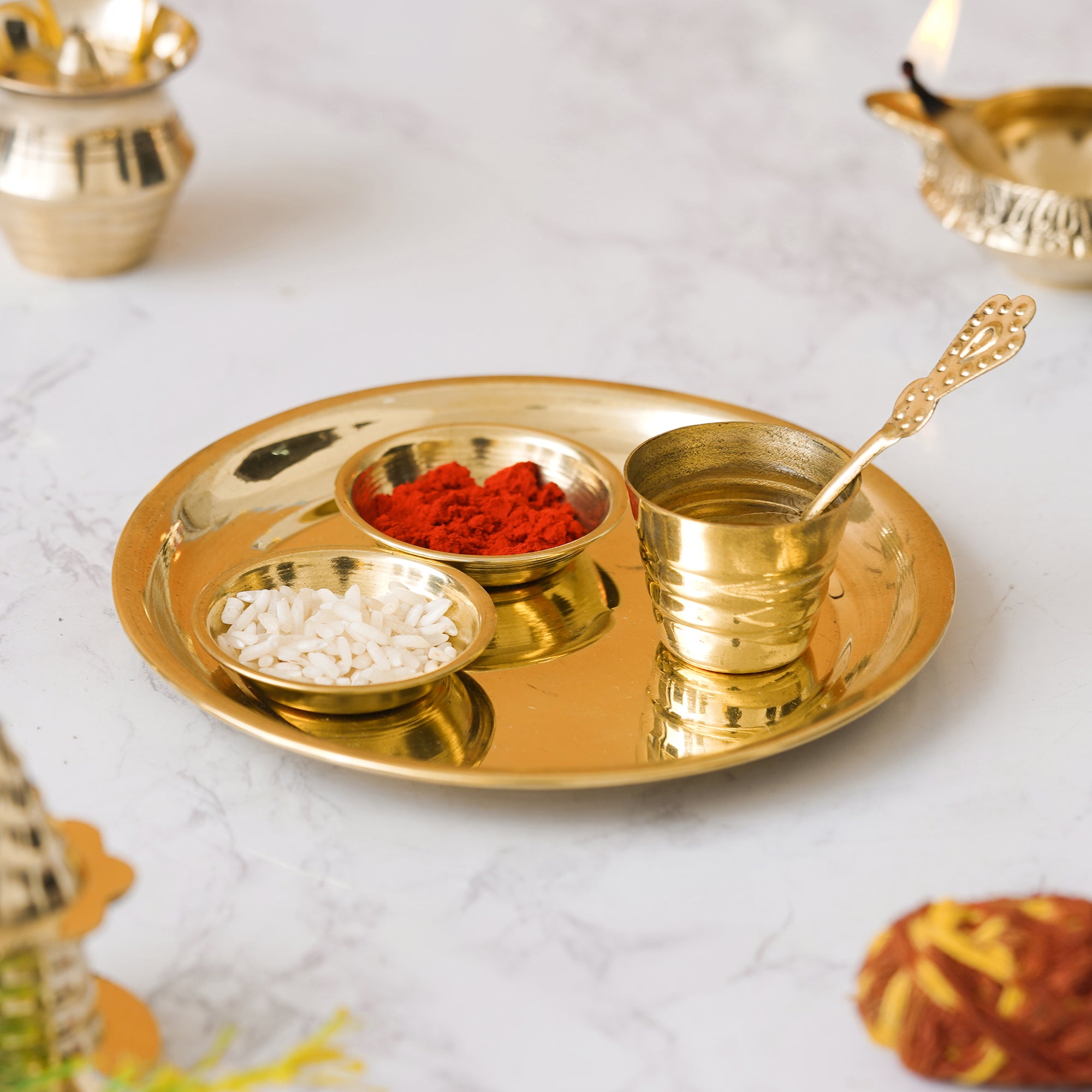 eCraftIndia Golden Brass Pooja Thali With 2 Bowls, 1 Spoon & 1 Glass