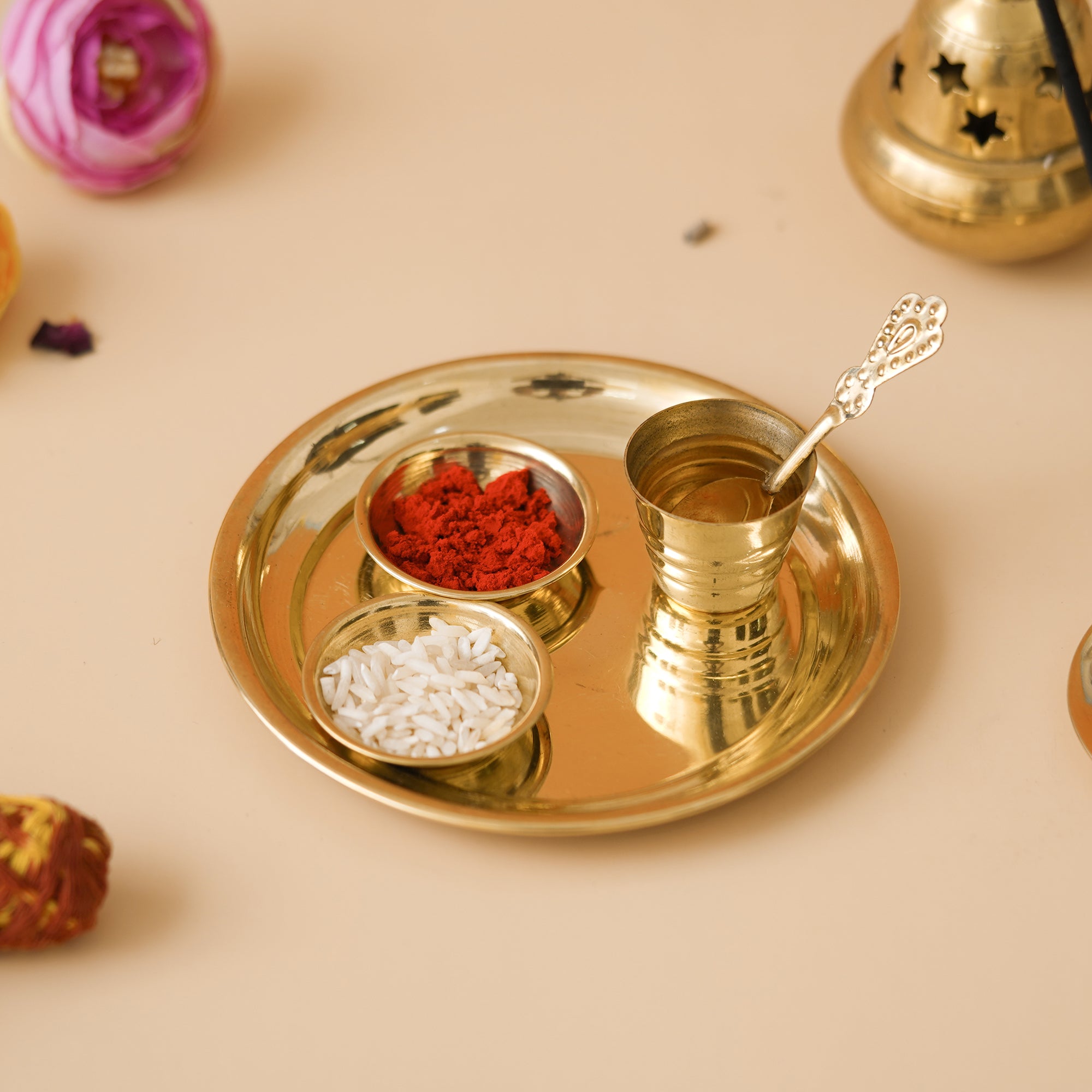 eCraftIndia Golden Brass Pooja Thali With 2 Bowls, 1 Spoon & 1 Glass 1