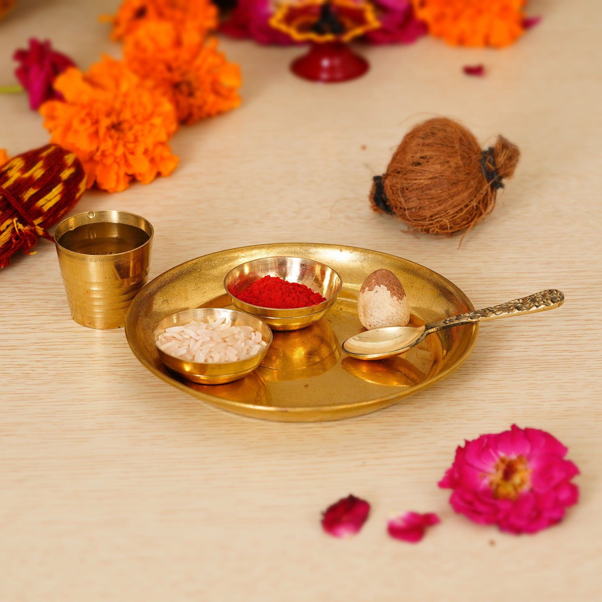5 Inch Brass Pooja Thali with 2 Katori/Bowls, 1 Spoon and 1 Glass 1