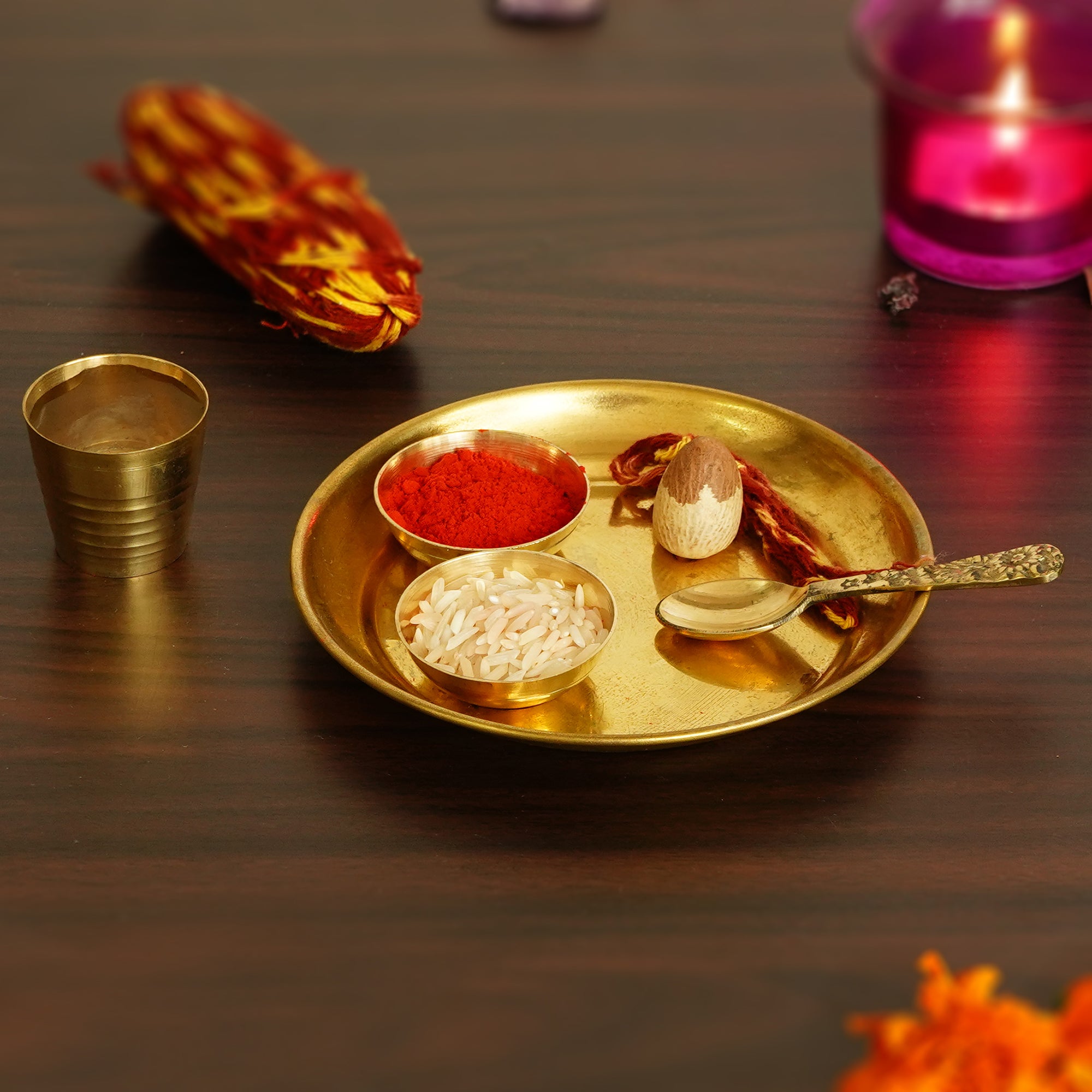 5 Inch Brass Pooja Thali with 2 Katori/Bowls, 1 Spoon and 1 Glass