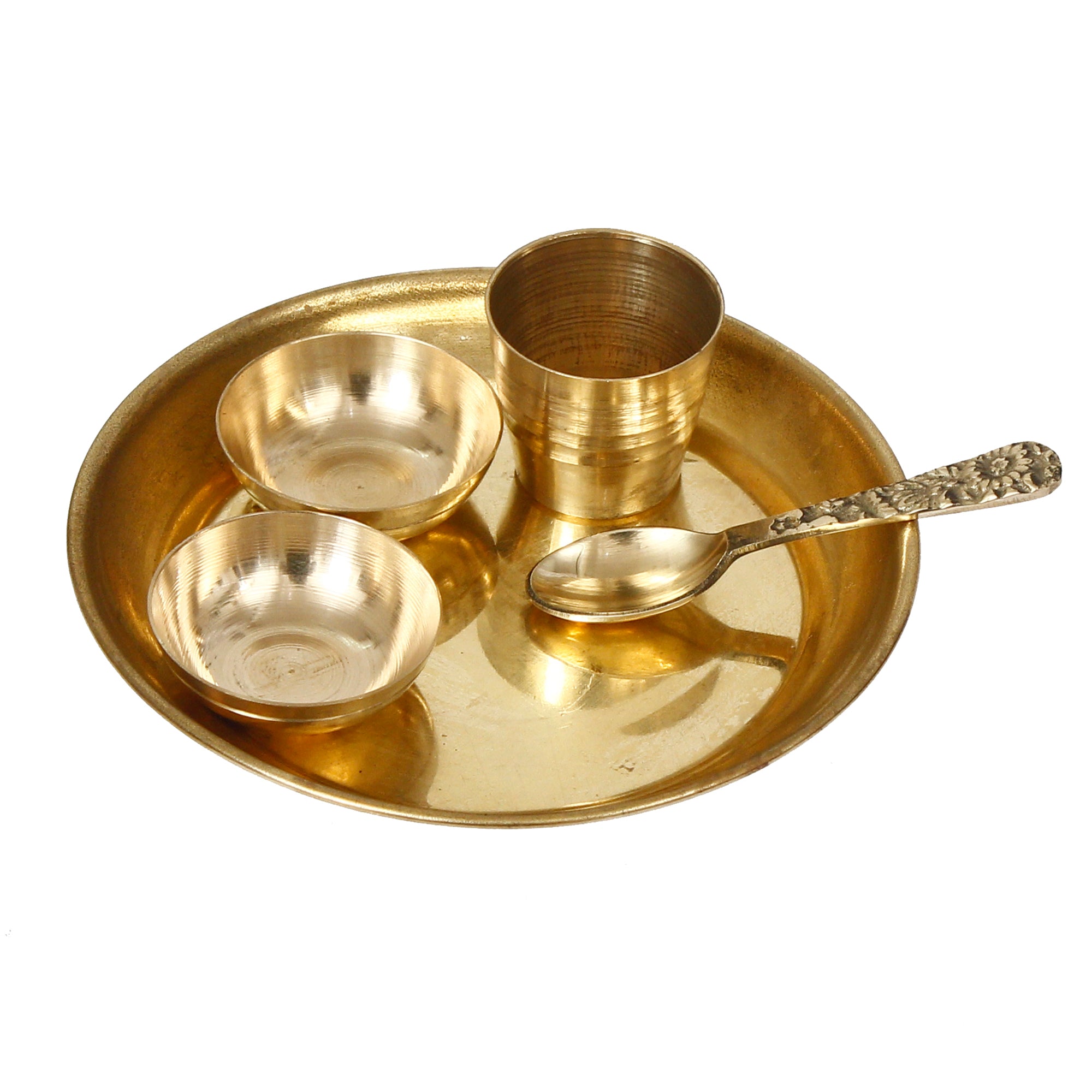 5 Inch Brass Pooja Thali with 2 Katori/Bowls, 1 Spoon and 1 Glass 2