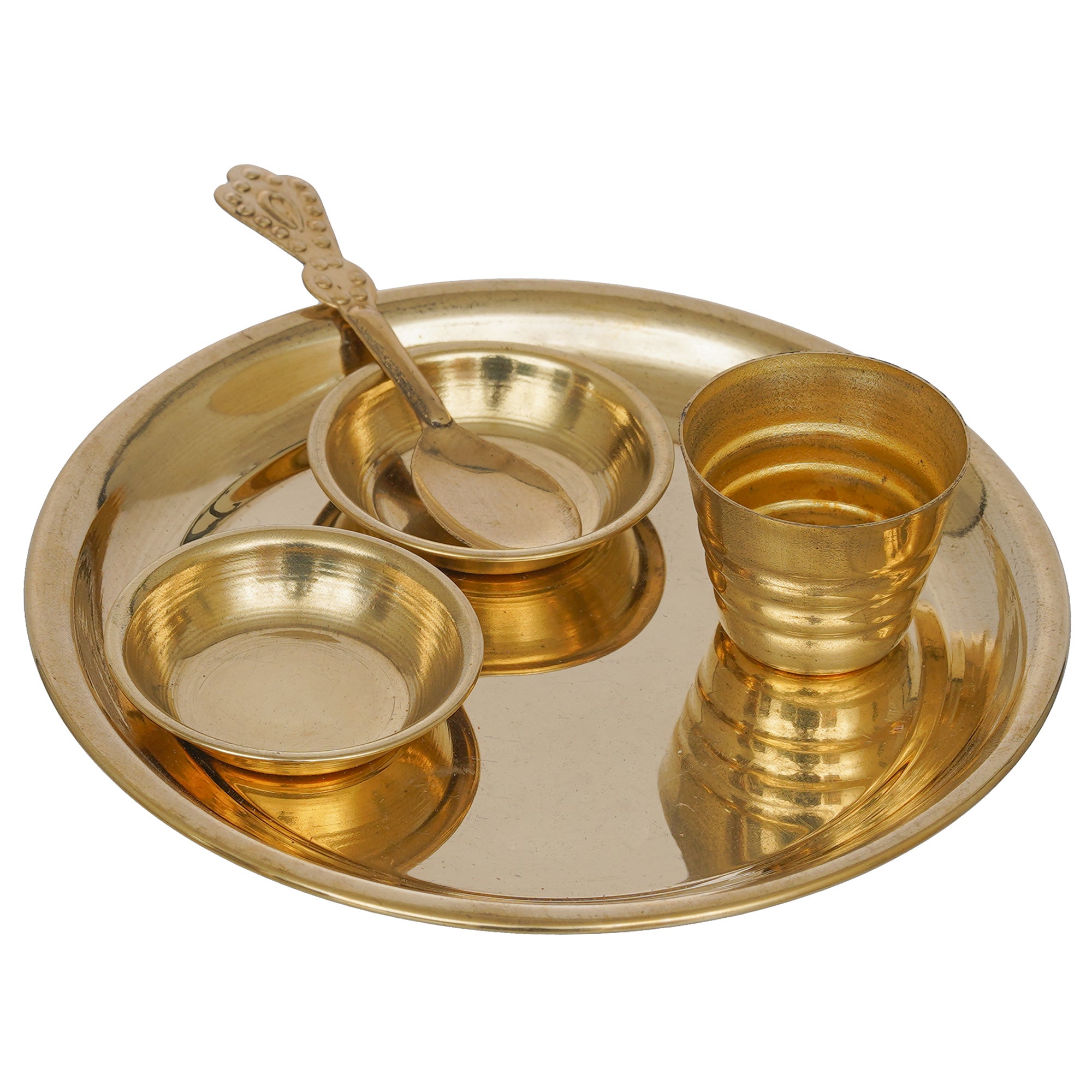 eCraftIndia Golden Brass Pooja Thali With 2 Bowls, 1 Spoon & 1 Glass 3
