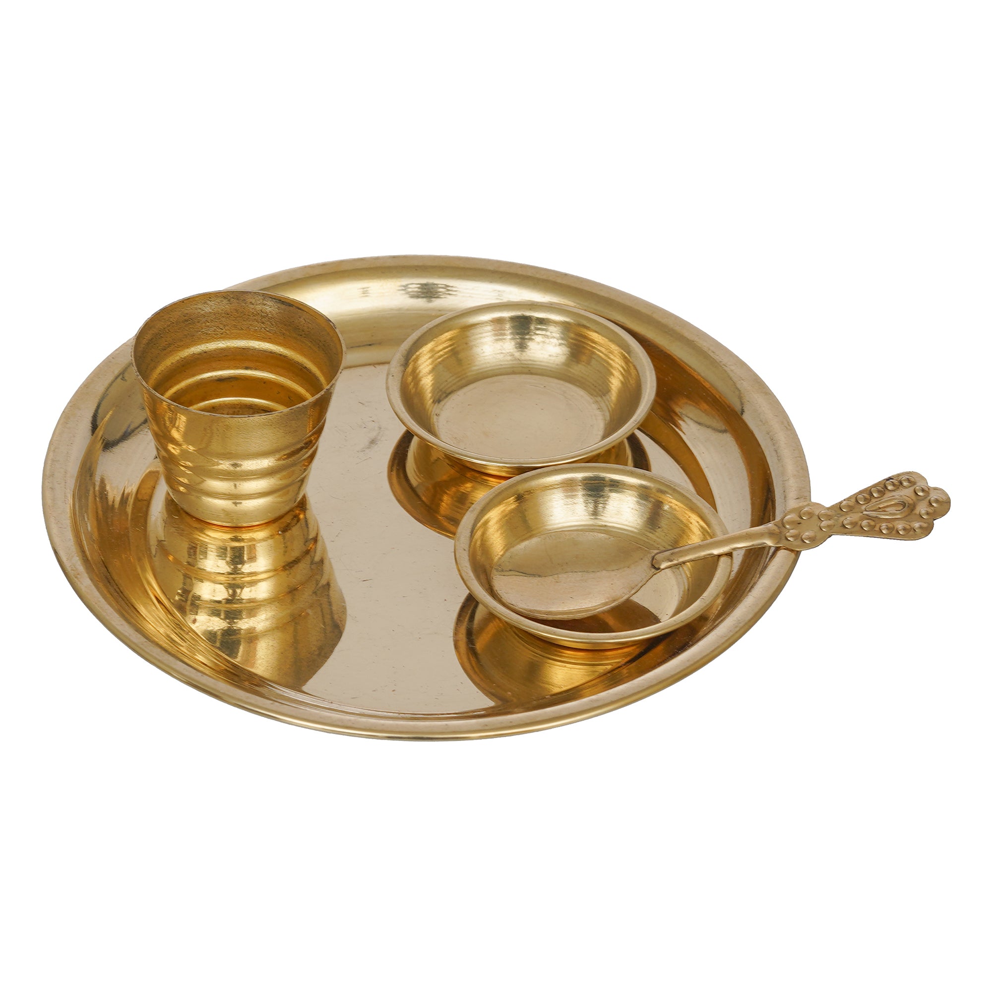 eCraftIndia Golden Brass Pooja Thali With 2 Bowls, 1 Spoon & 1 Glass 5