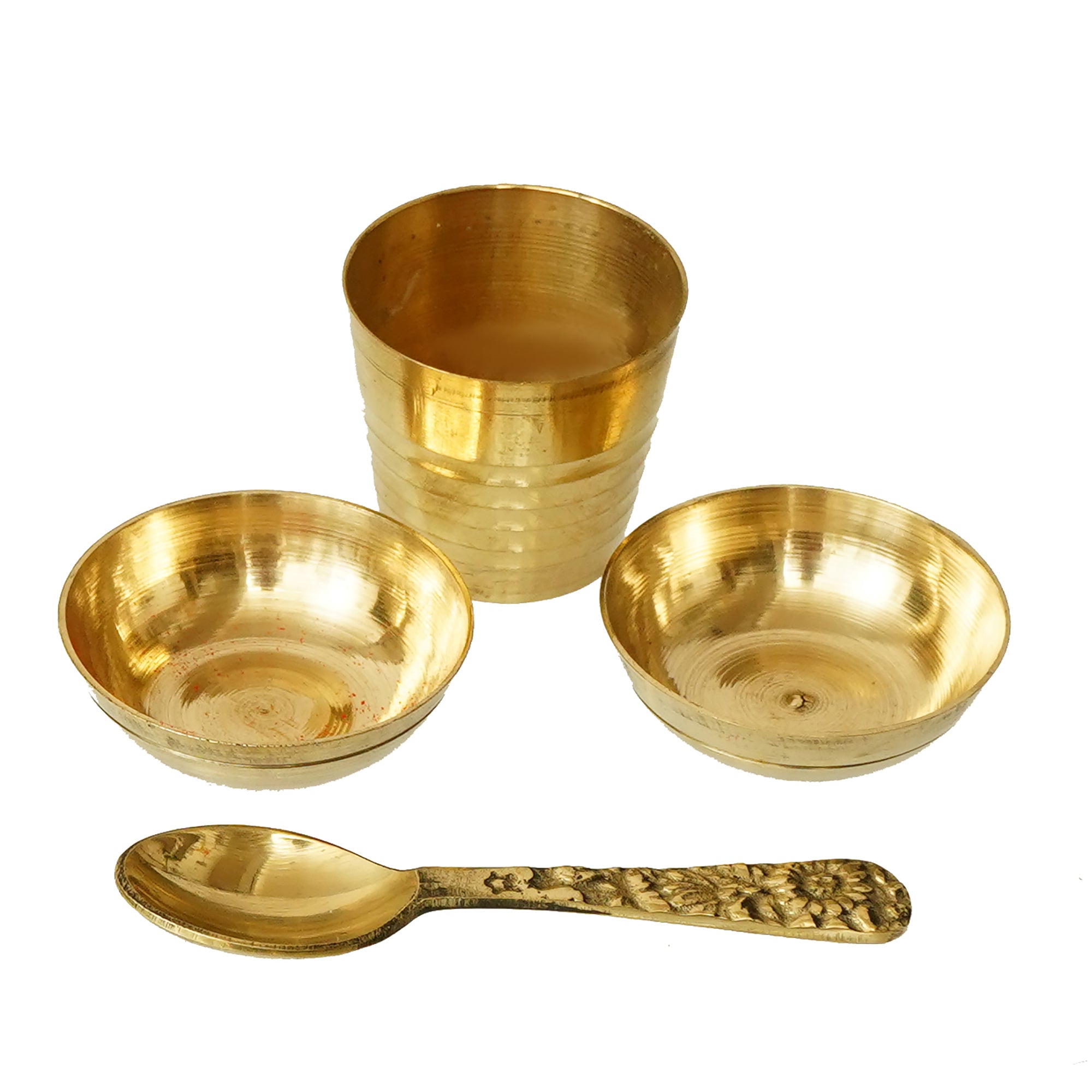 5 Inch Brass Pooja Thali with 2 Katori/Bowls, 1 Spoon and 1 Glass 5