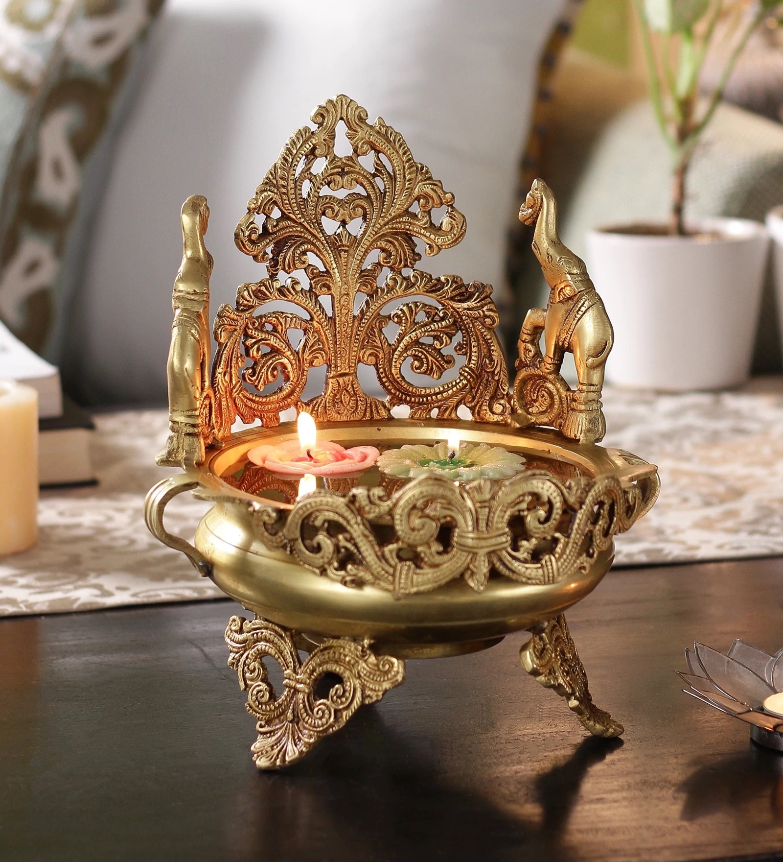 Golden Elephant Design Decorative Brass Urli Bowl
