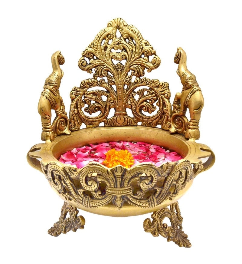 Golden Elephant Design Decorative Brass Urli Bowl 1